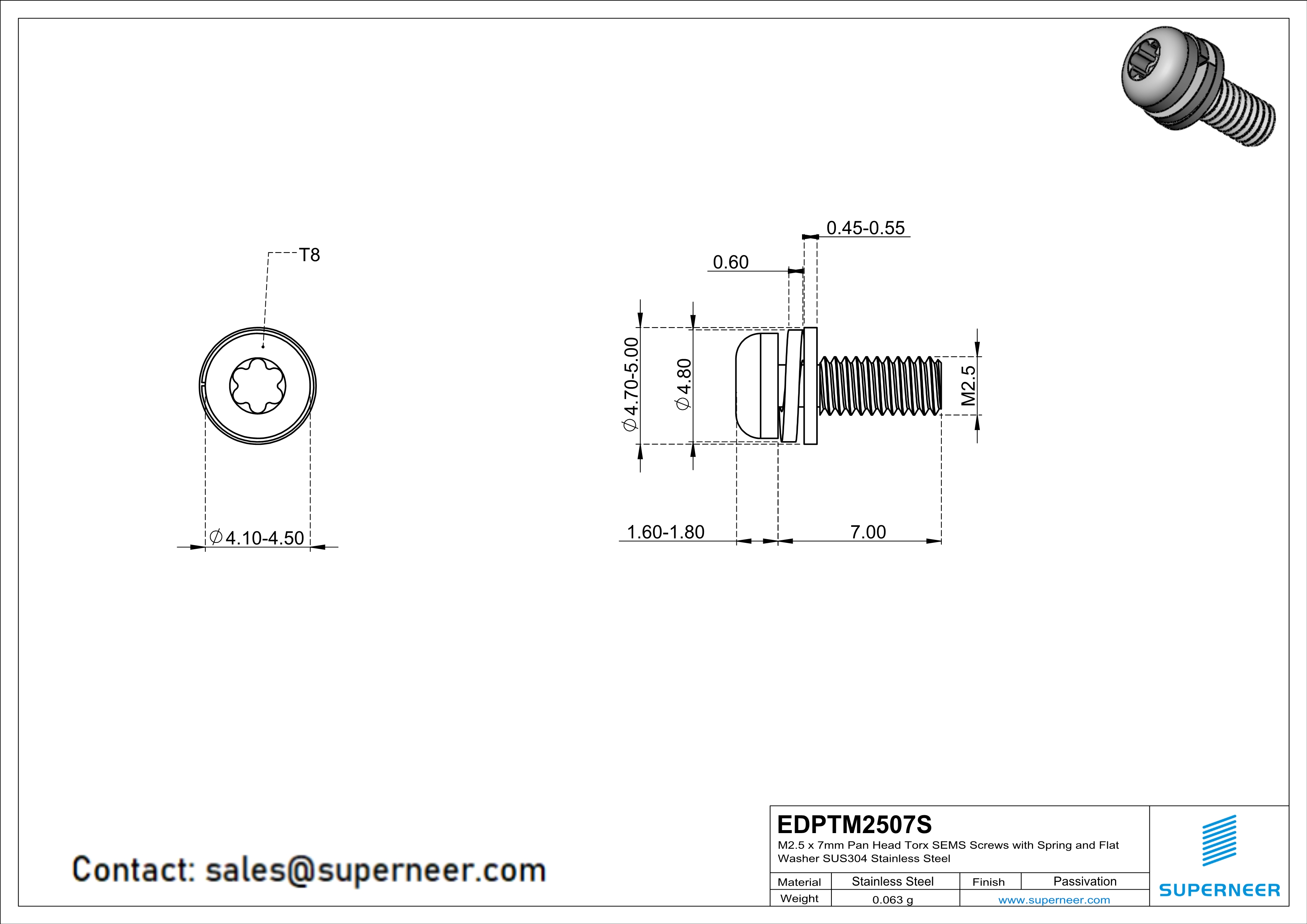 M2.5 x 7mm Pan Head Torx SEMS Screws with Spring and Flat Washer SUS304 Stainless Steel Inox