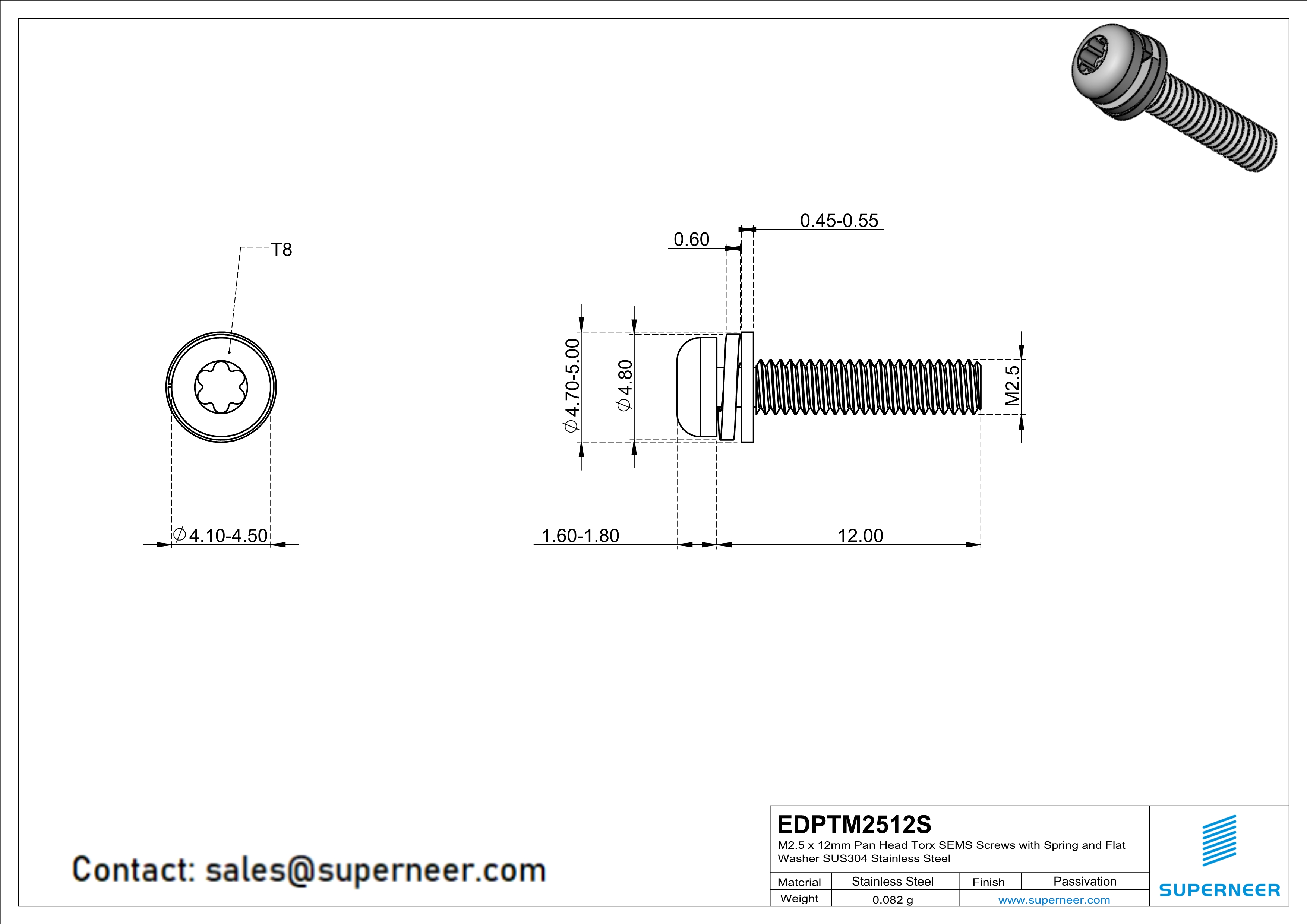 M2.5 x 12mm Pan Head Torx SEMS Screws with Spring and Flat Washer SUS304 Stainless Steel Inox