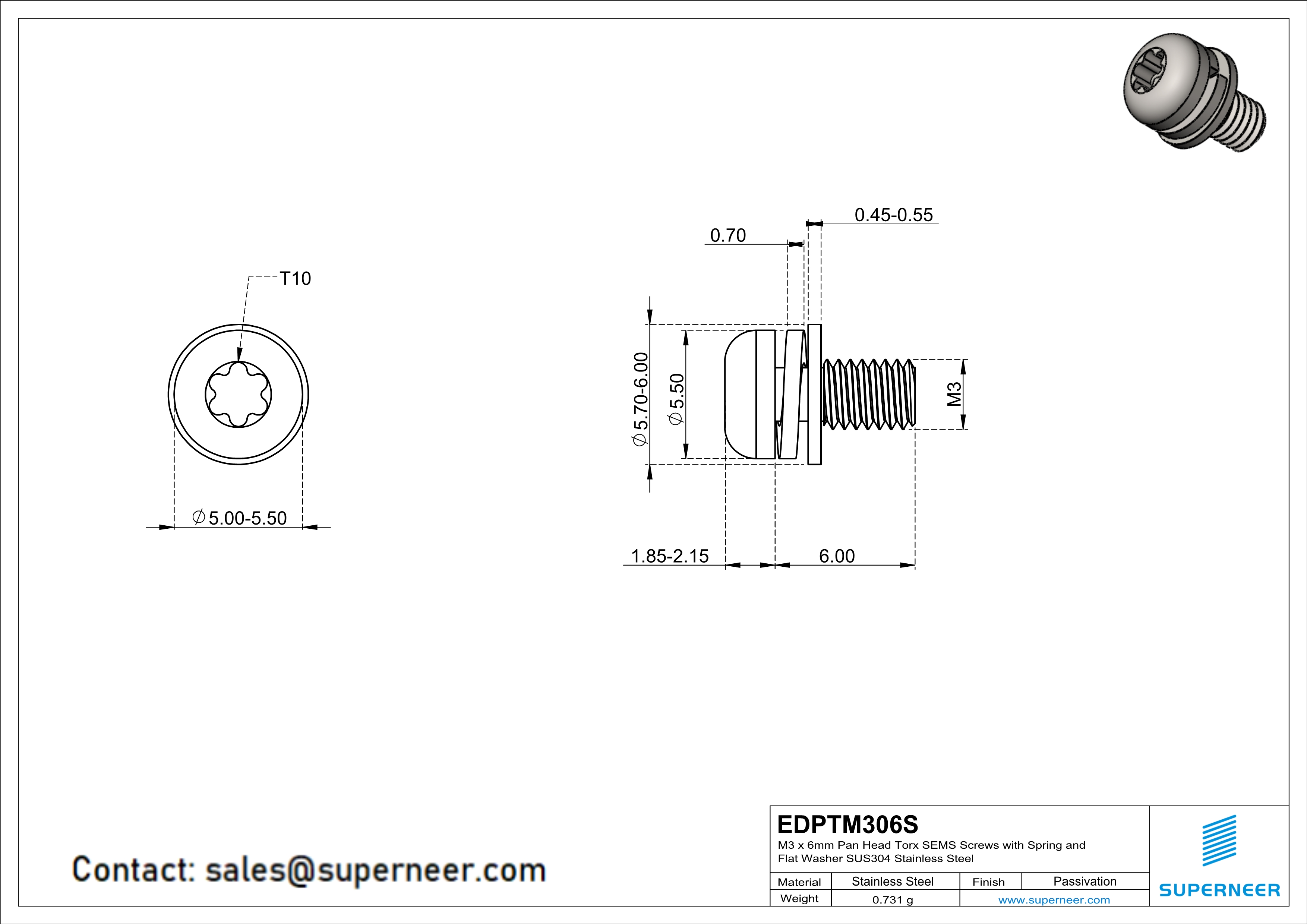 M3 x 6mm Pan Head Torx SEMS Screws with Spring and Flat Washer SUS304 Stainless Steel Inox