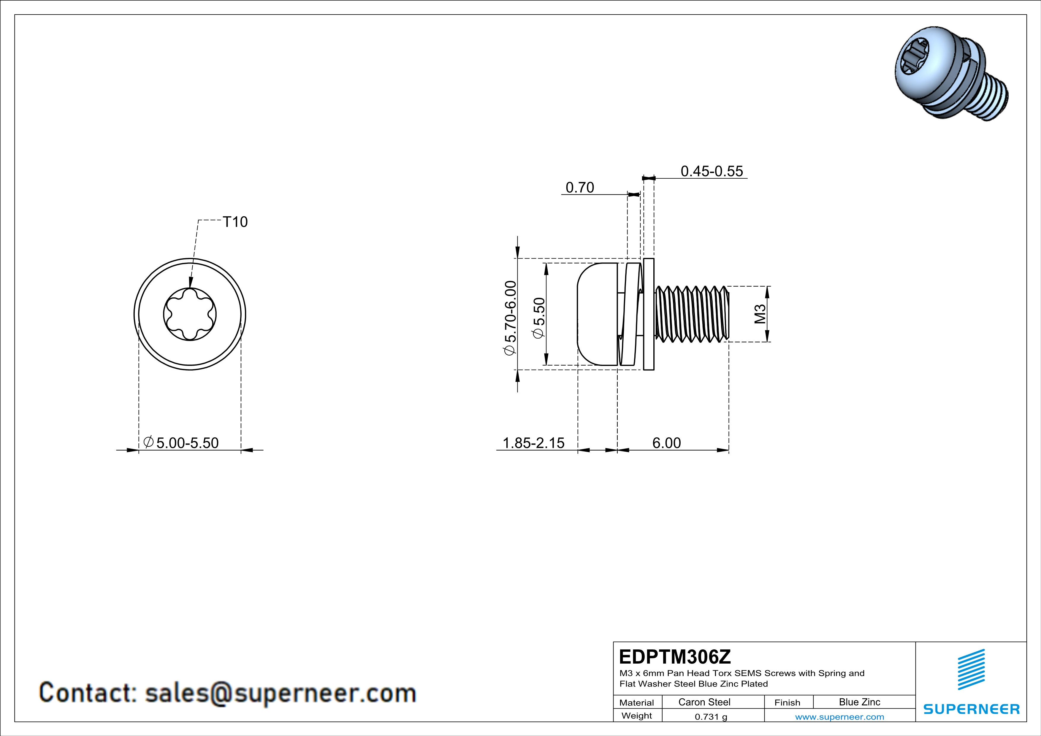 M3 x 6mm Pan Head Torx SEMS Screws with Spring and Flat Washer Steel Blue Zinc Plated