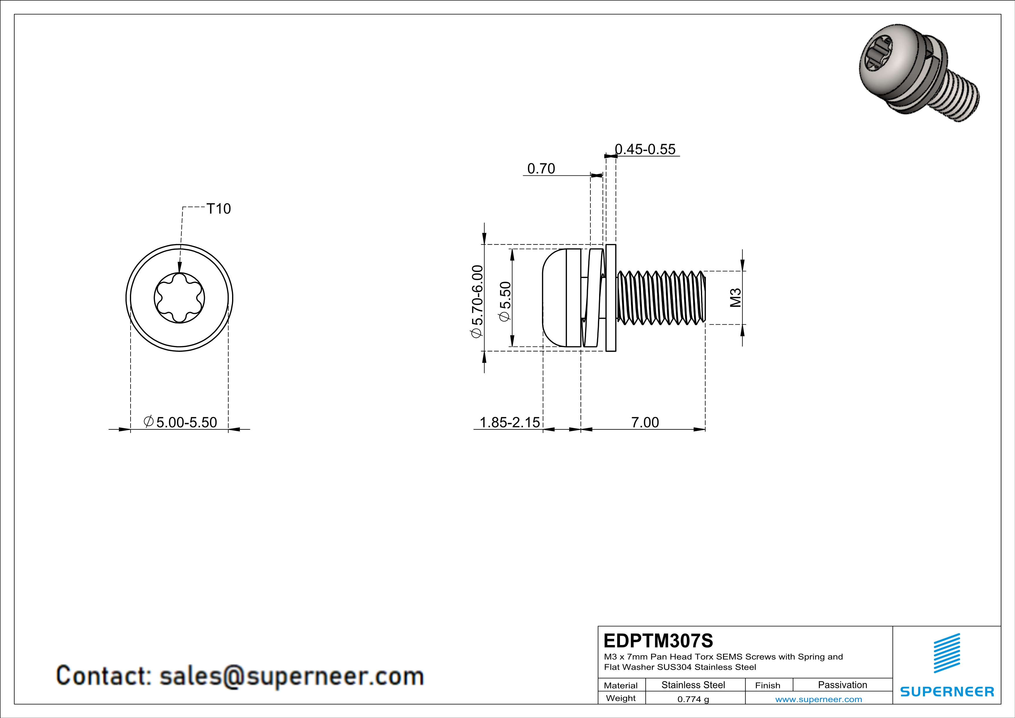 M3 x 7mm Pan Head Torx SEMS Screws with Spring and Flat Washer SUS304 Stainless Steel Inox