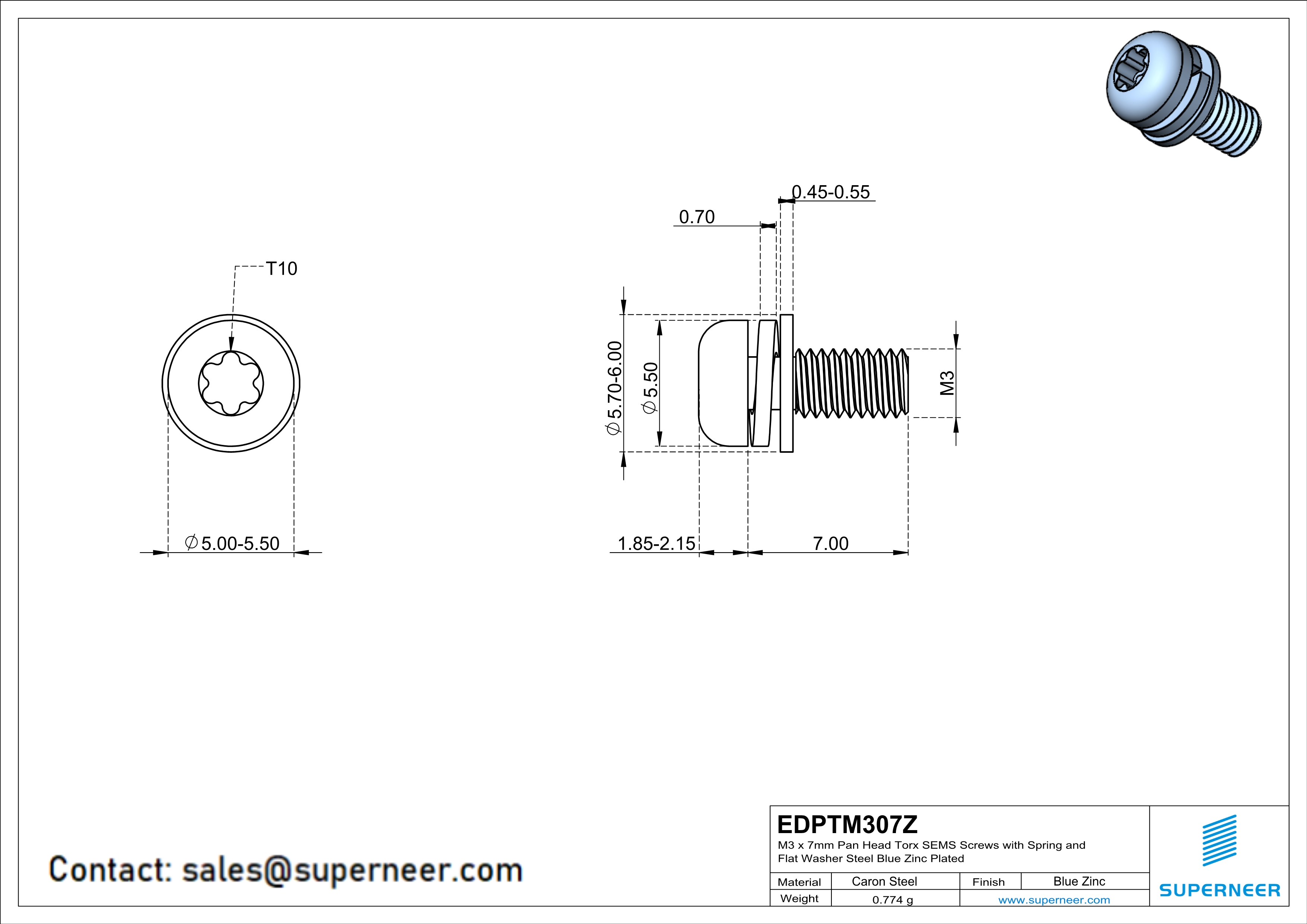 M3 x 7mm Pan Head Torx SEMS Screws with Spring and Flat Washer Steel Blue Zinc Plated