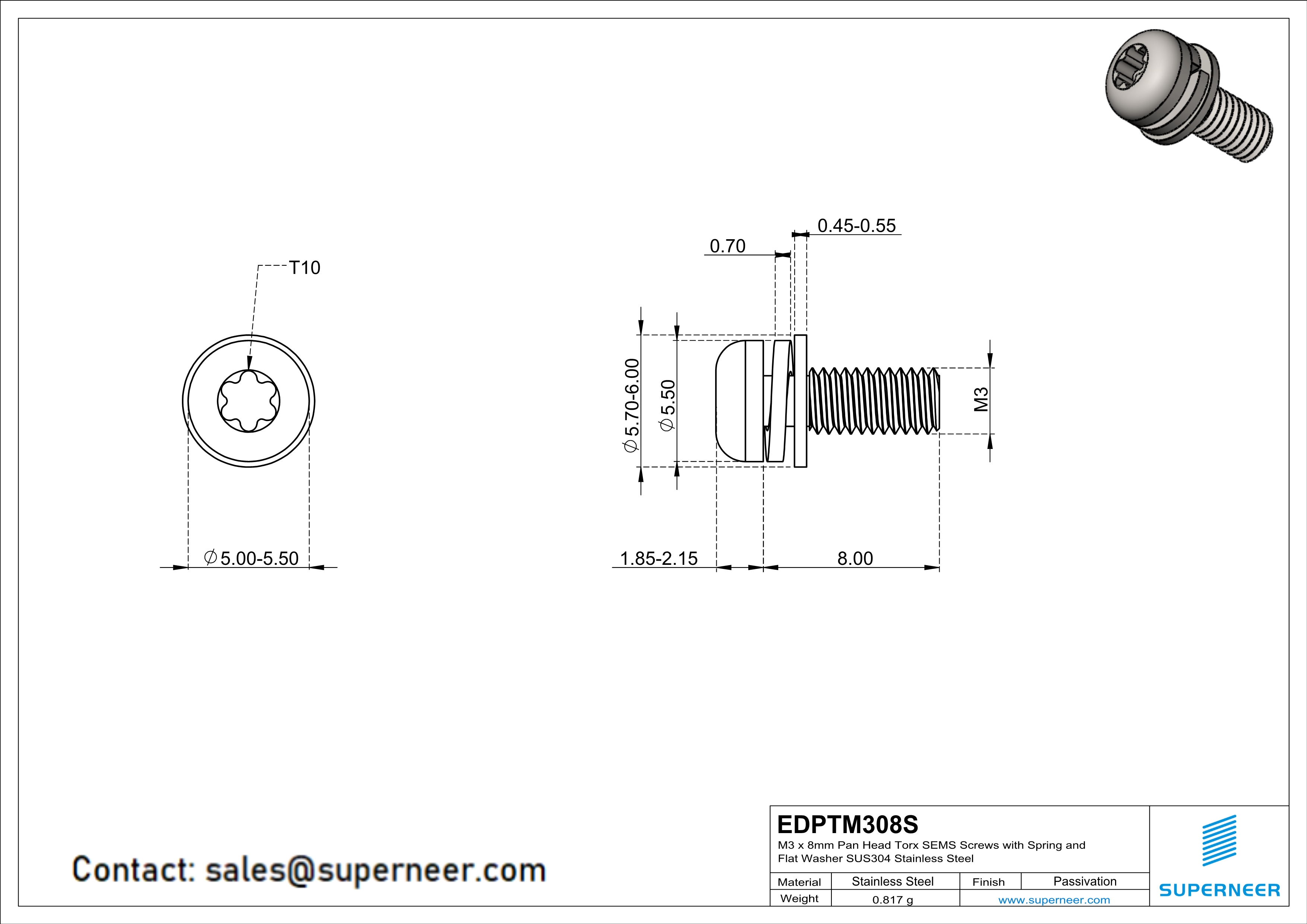 M3 x 8mm Pan Head Torx SEMS Screws with Spring and Flat Washer SUS304 Stainless Steel Inox