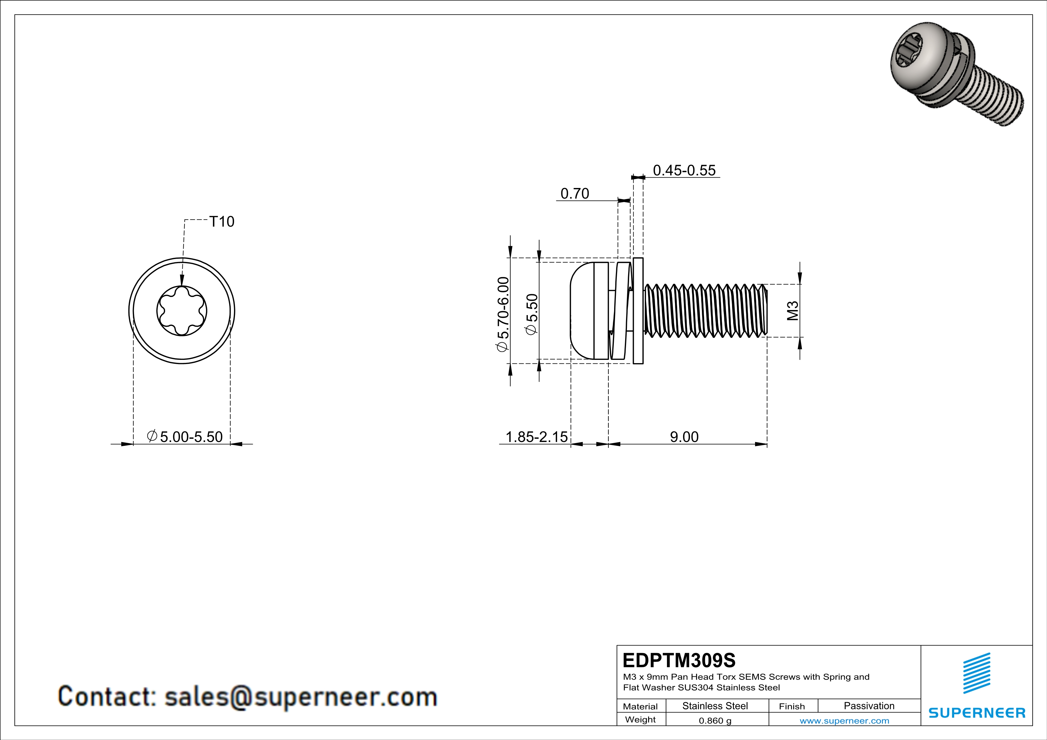 M3 x 9mm Pan Head Torx SEMS Screws with Spring and Flat Washer SUS304 Stainless Steel Inox