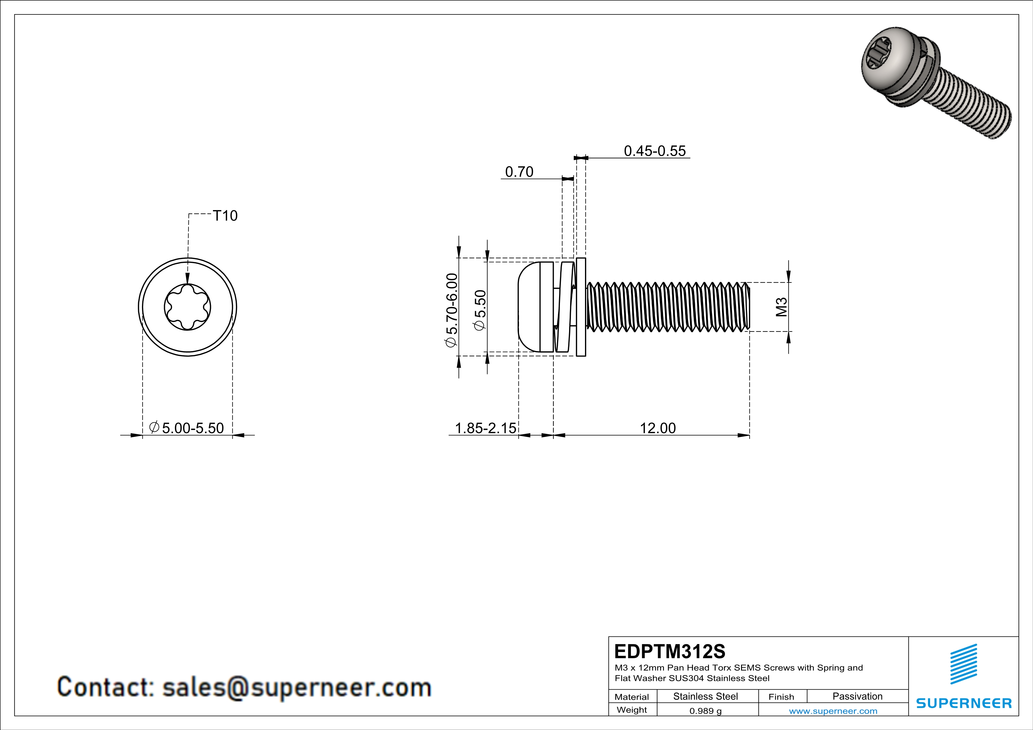 M3 x 12mm Pan Head Torx SEMS Screws with Spring and Flat Washer SUS304 Stainless Steel Inox