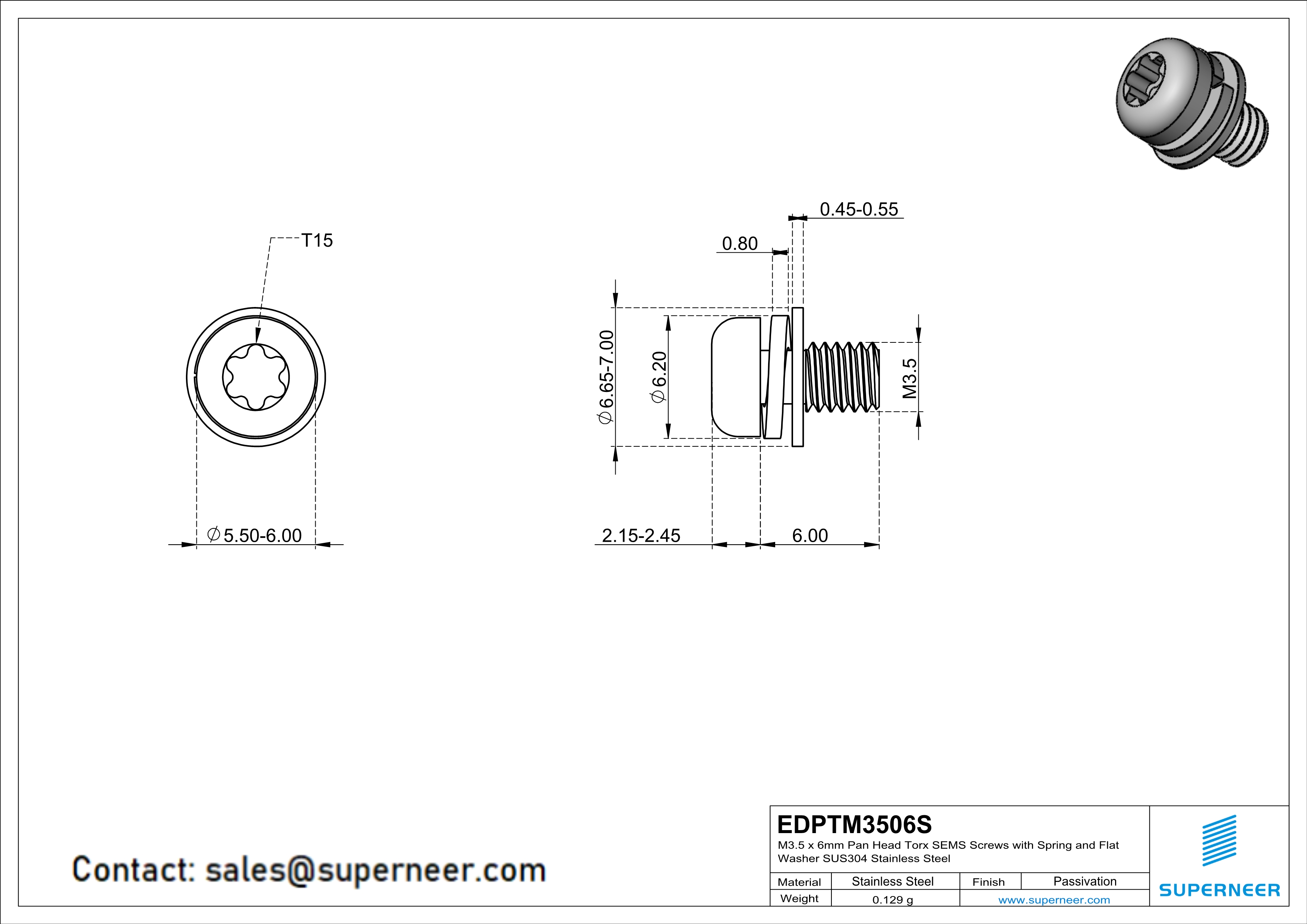 M3.5 x 6mm Pan Head Torx SEMS Screws with Spring and Flat Washer SUS304 Stainless Steel Inox