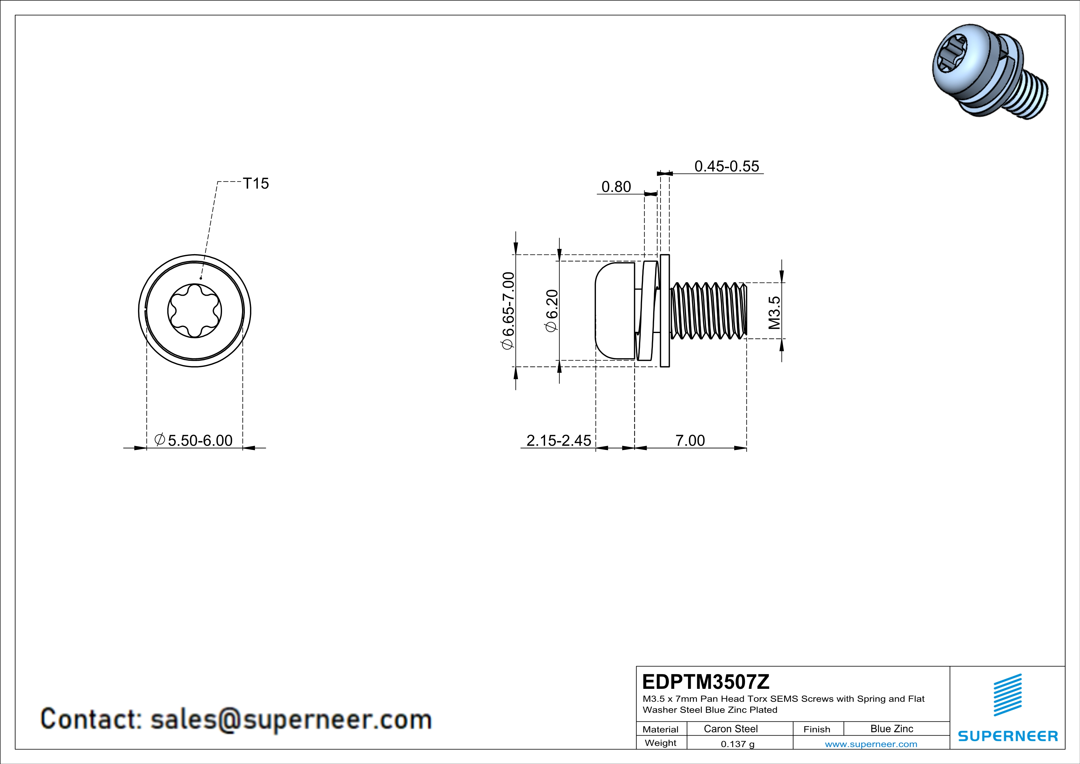 M3.5 x 7mm Pan Head Torx SEMS Screws with Spring and Flat Washer Steel Blue Zinc Plated