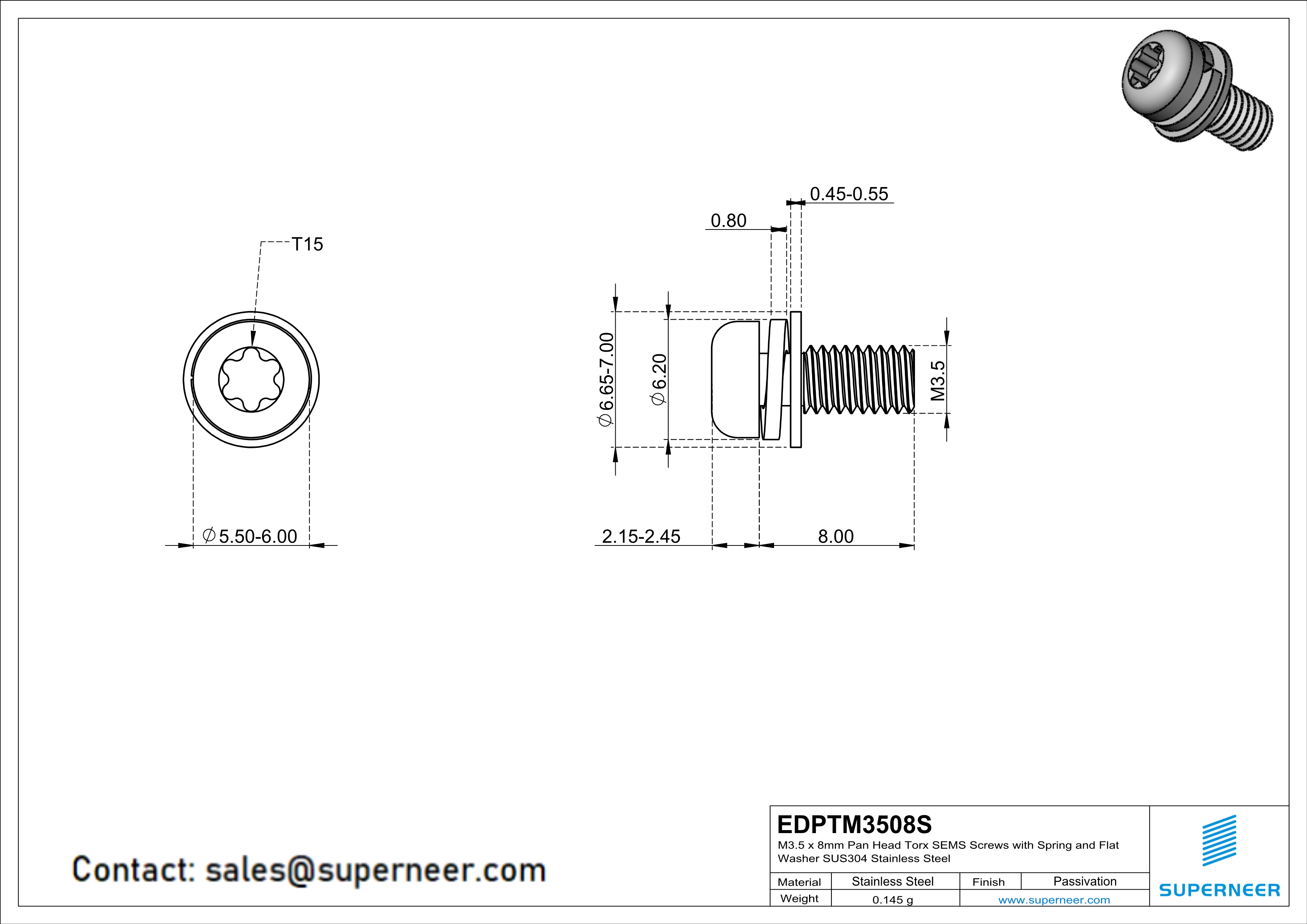 M3.5 x 8mm Pan Head Torx SEMS Screws with Spring and Flat Washer SUS304 Stainless Steel Inox