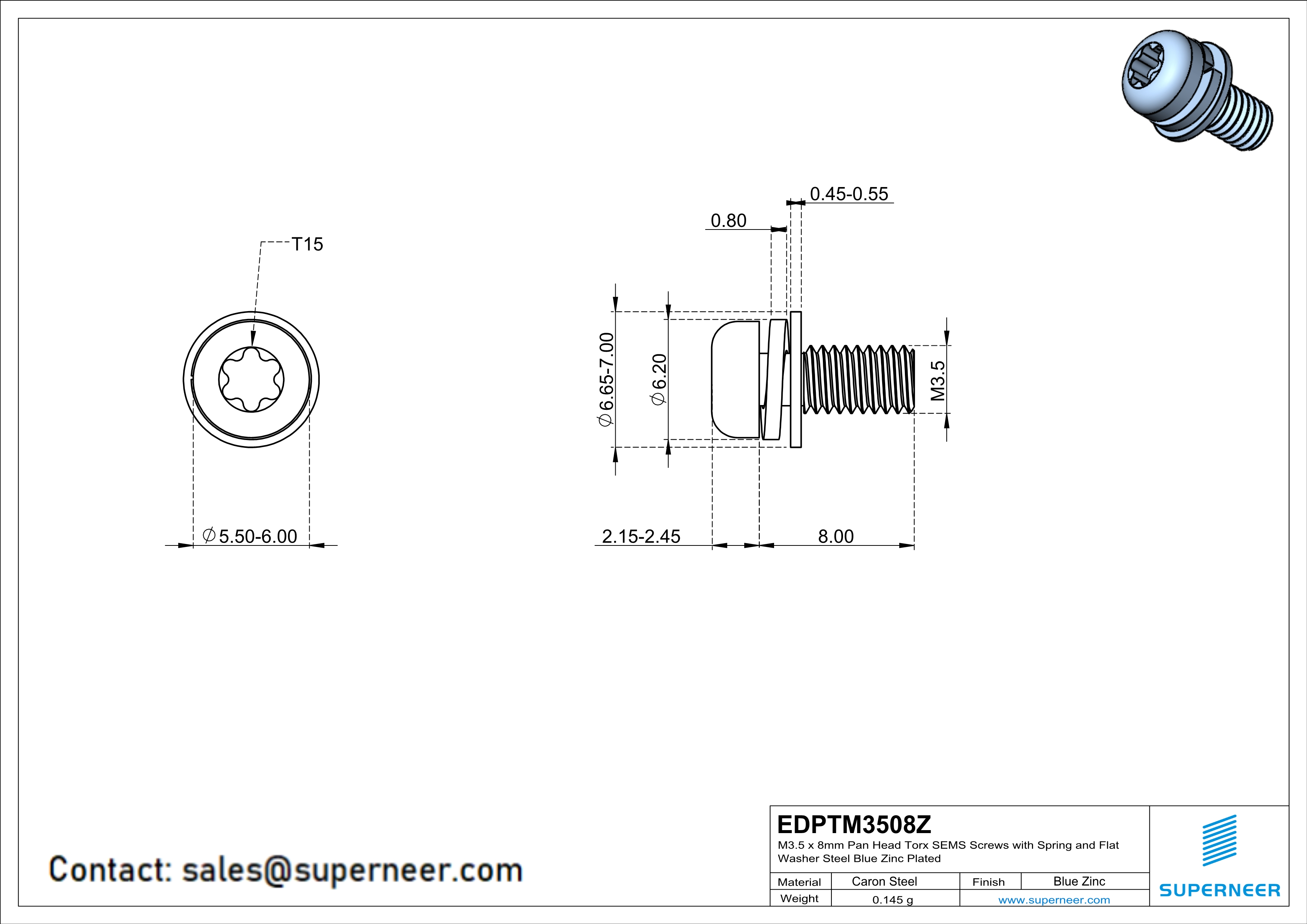 M3.5 x 8mm Pan Head Torx SEMS Screws with Spring and Flat Washer Steel Blue Zinc Plated