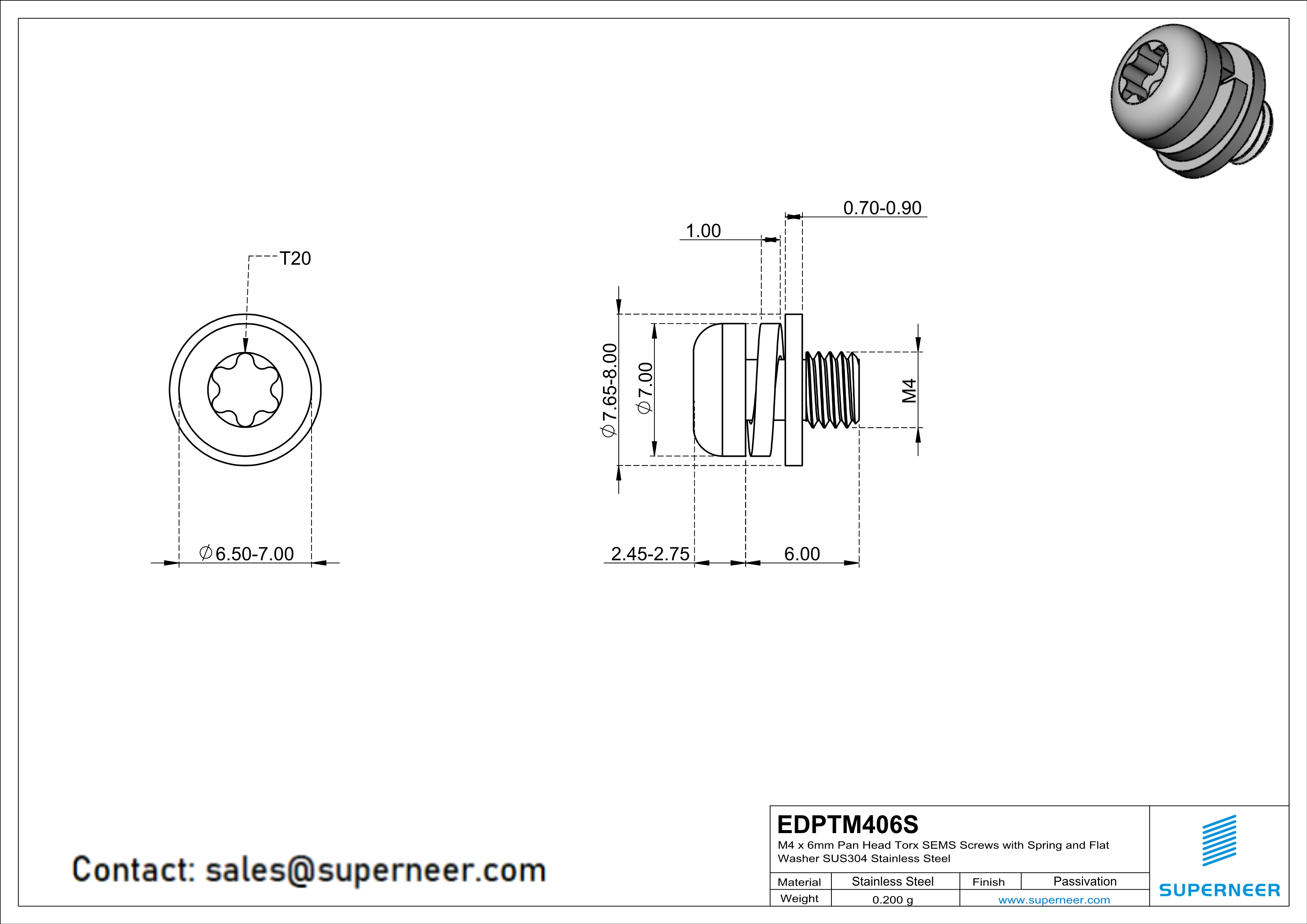 M4 x 6mm Pan Head Torx SEMS Screws with Spring and Flat Washer SUS304 Stainless Steel Inox