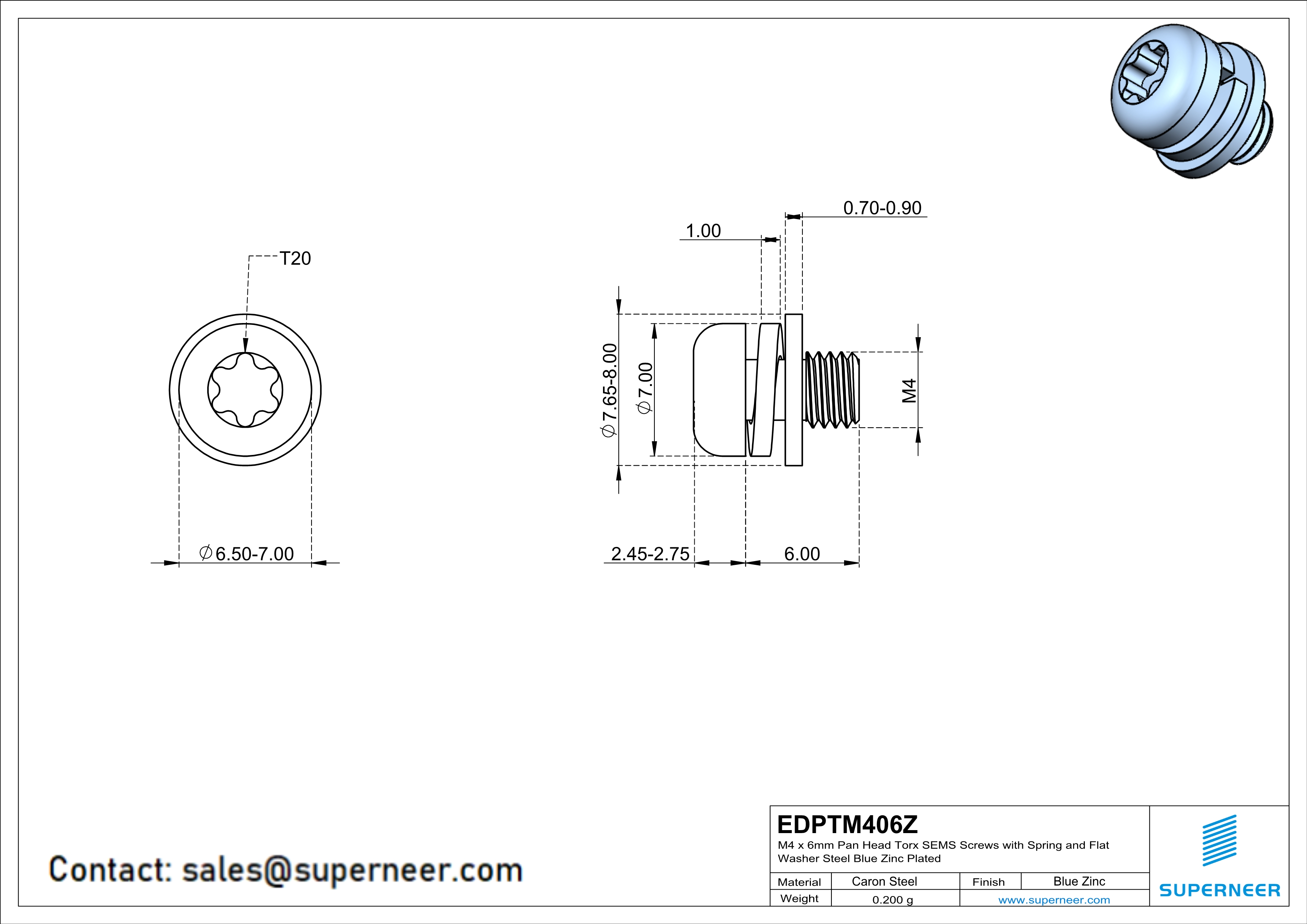 M4 x 6mm Pan Head Torx SEMS Screws with Spring and Flat Washer Steel Blue Zinc Plated
