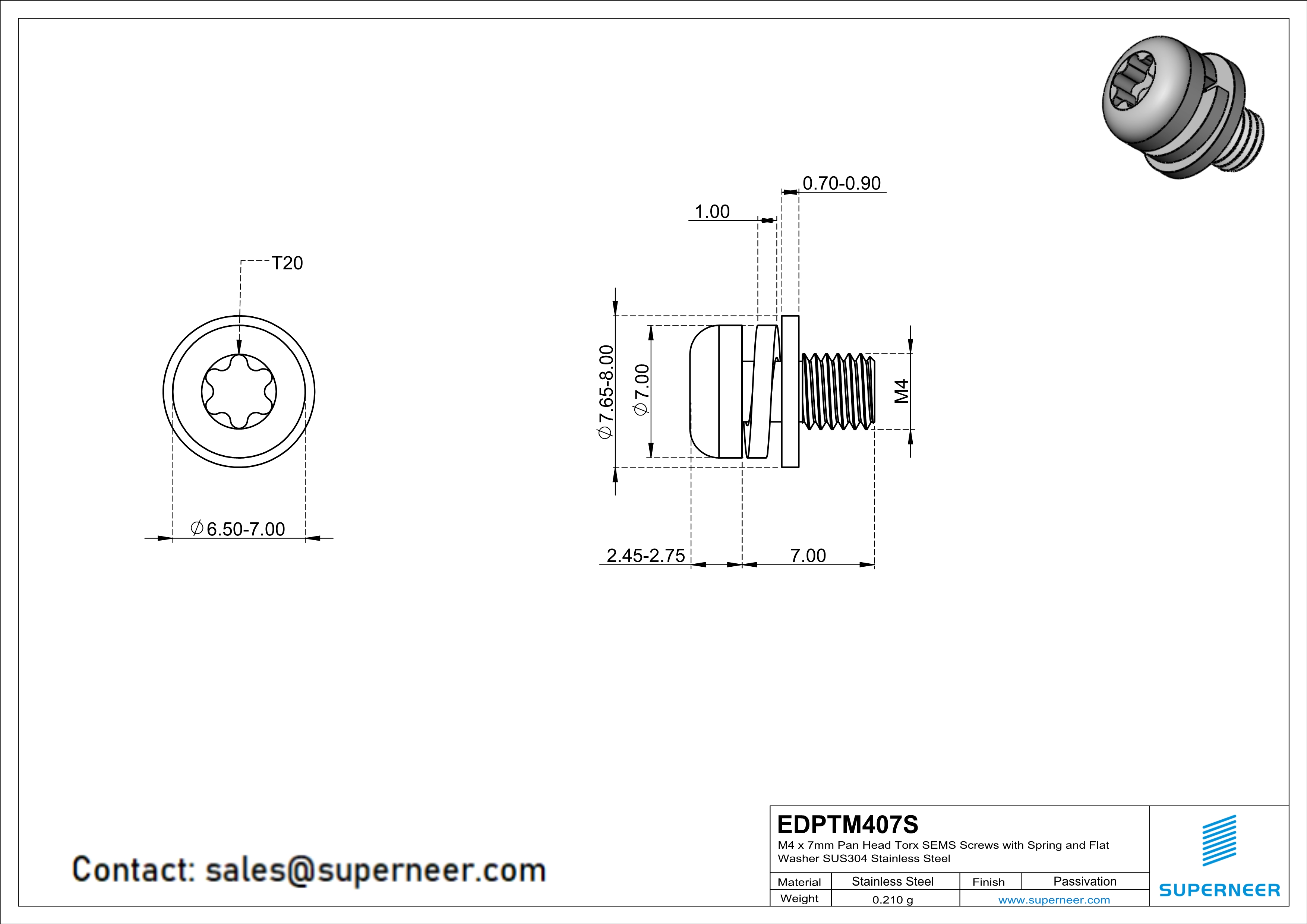 M4 x 7mm Pan Head Torx SEMS Screws with Spring and Flat Washer SUS304 Stainless Steel Inox