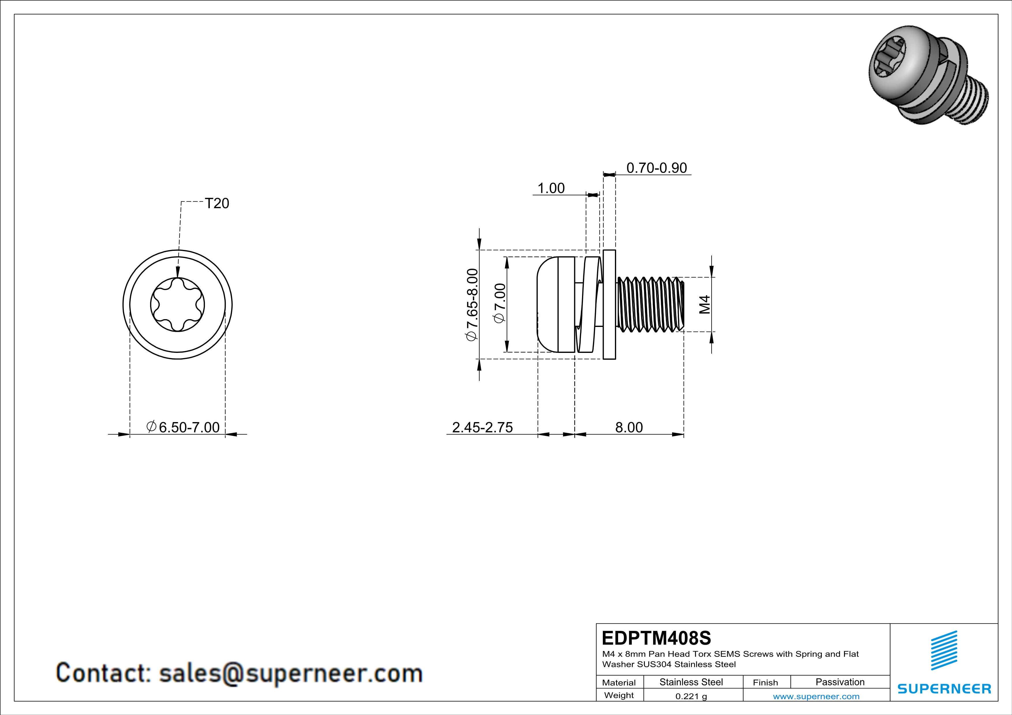 M4 x 8mm Pan Head Torx SEMS Screws with Spring and Flat Washer SUS304 Stainless Steel Inox