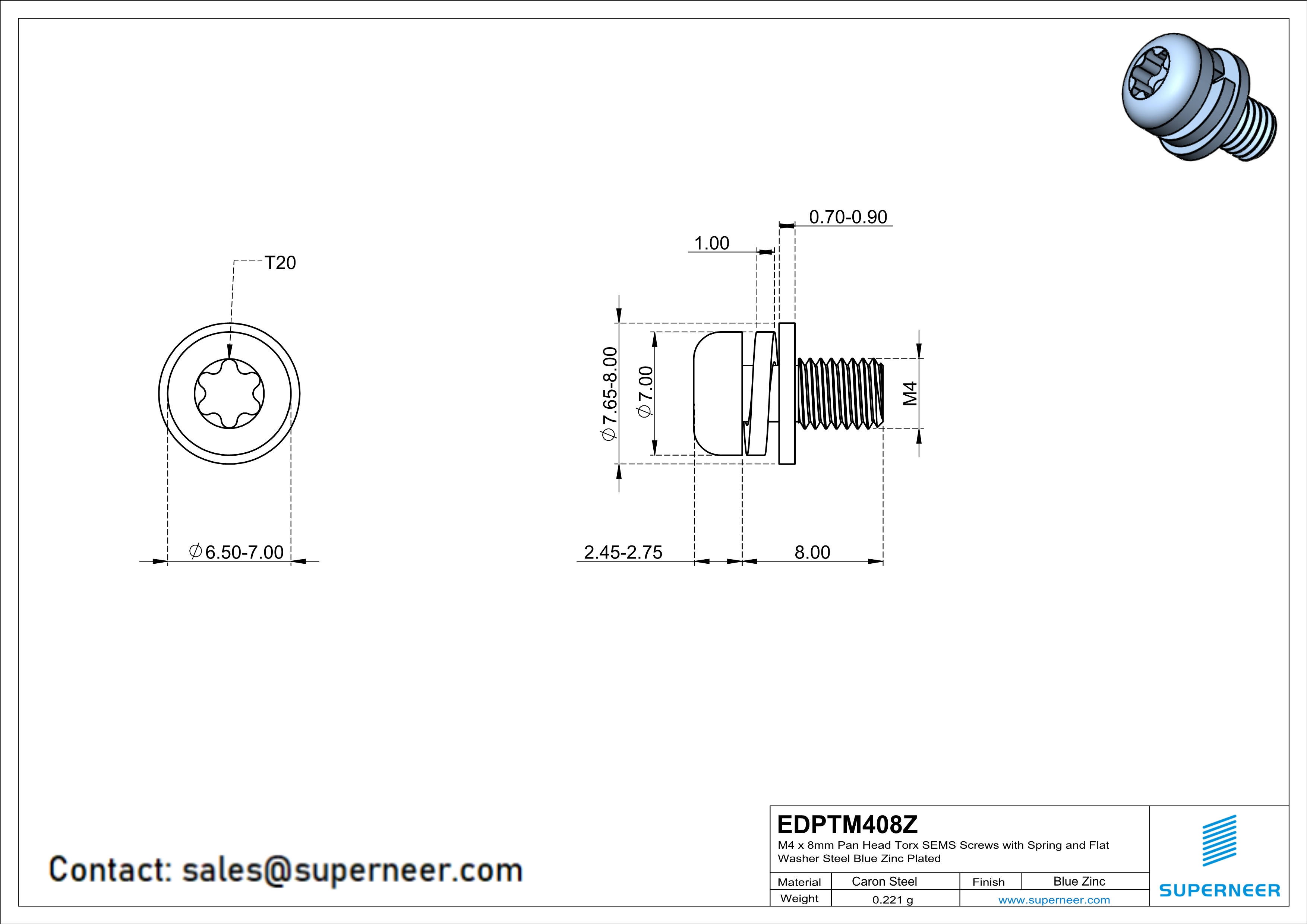 M4 x 8mm Pan Head Torx SEMS Screws with Spring and Flat Washer Steel Blue Zinc Plated