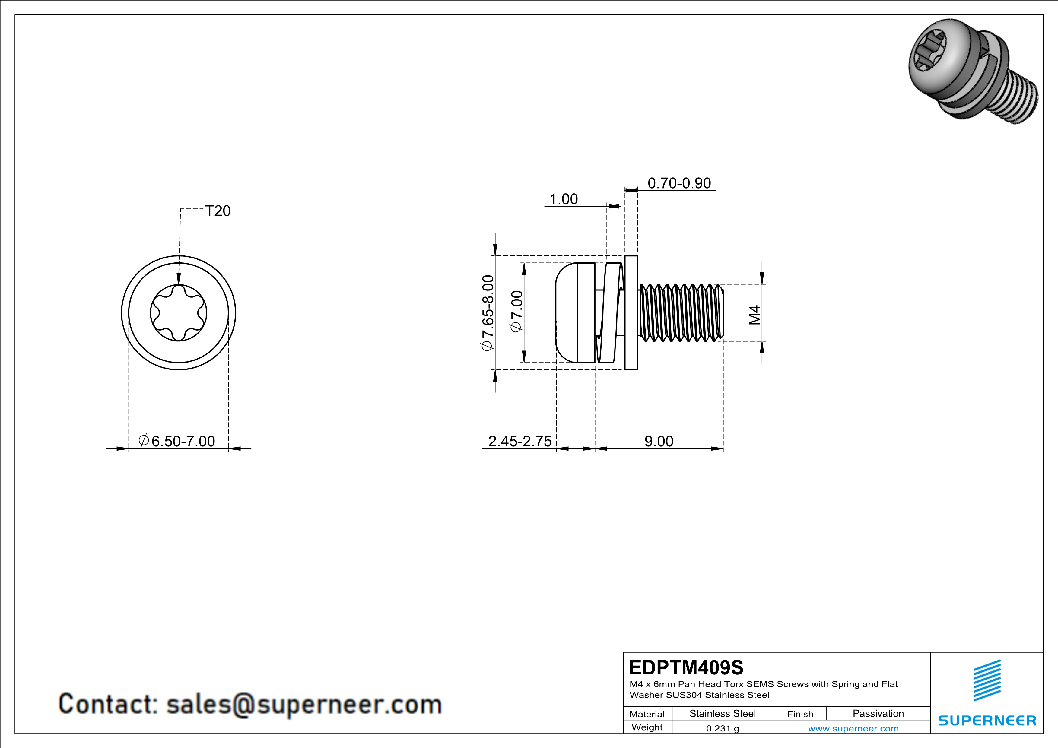 M4 x 9mm Pan Head Torx SEMS Screws with Spring and Flat Washer SUS304 Stainless Steel Inox