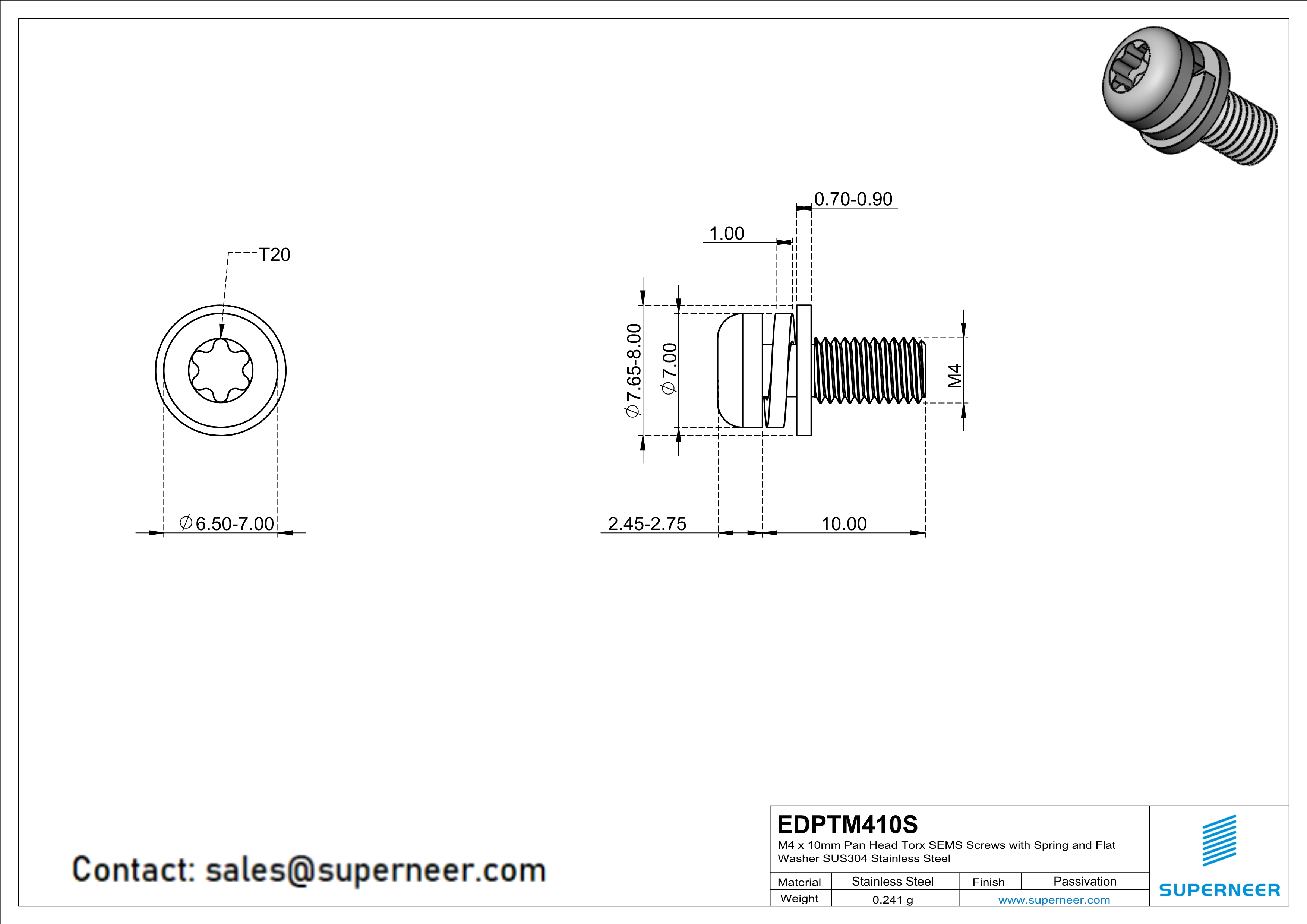 M4 x 10mm Pan Head Torx SEMS Screws with Spring and Flat Washer SUS304 Stainless Steel Inox