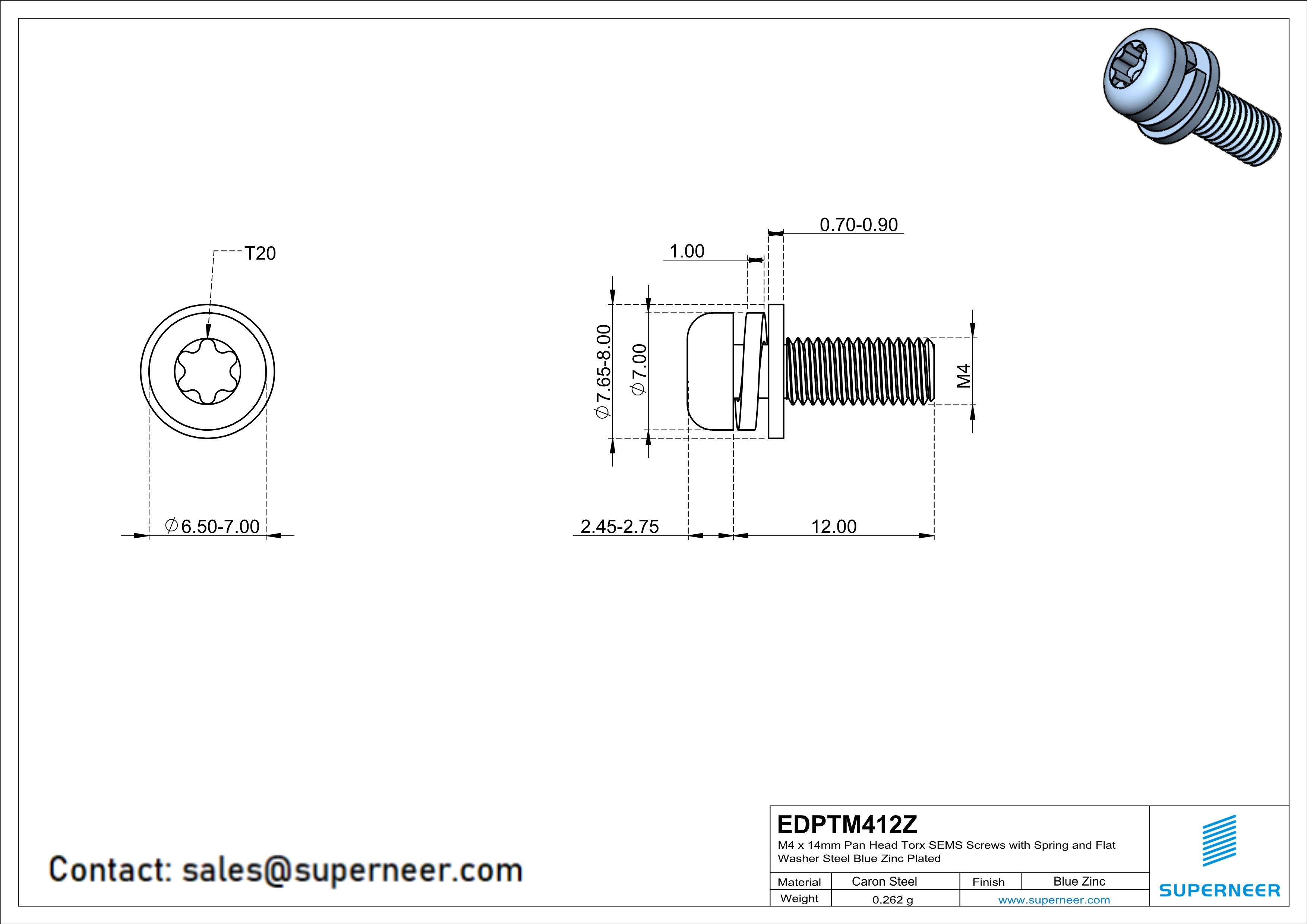 M4 x 12mm Pan Head Torx SEMS Screws with Spring and Flat Washer Steel Blue Zinc Plated