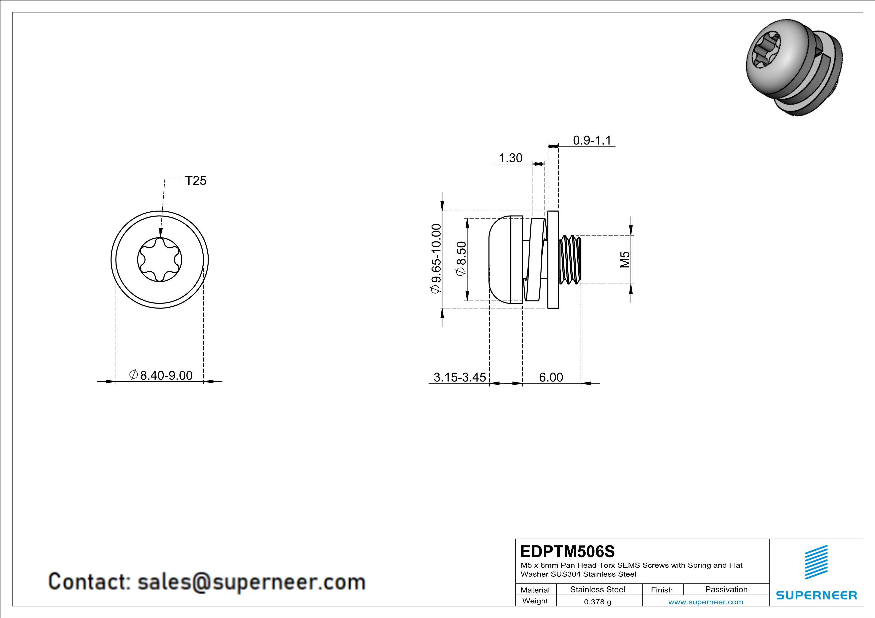 M5 x 6mm Pan Head Torx SEMS Screws with Spring and Flat Washer SUS304 Stainless Steel Inox