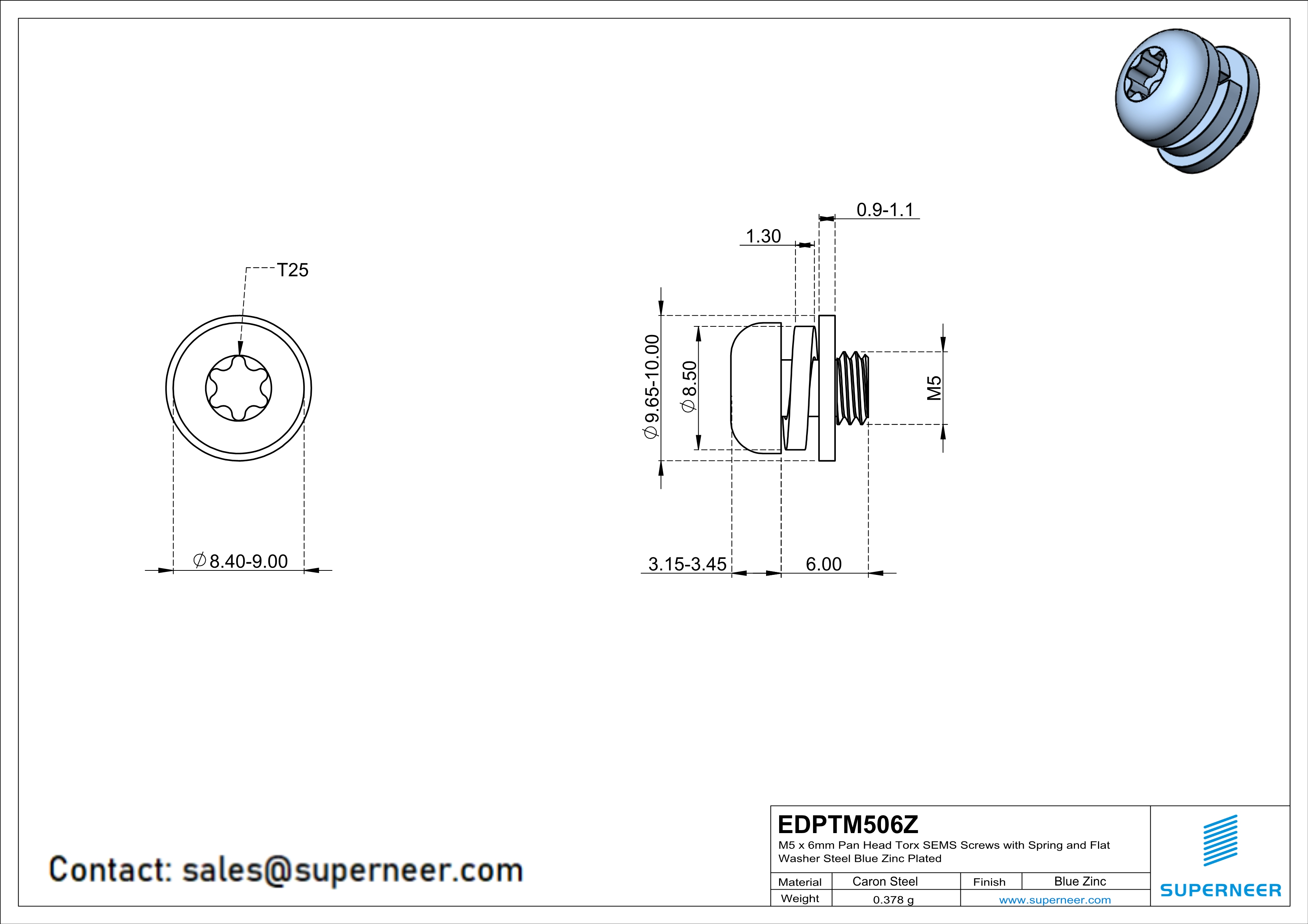 M5 x 6mm Pan Head Torx SEMS Screws with Spring and Flat Washer Steel Blue Zinc Plated