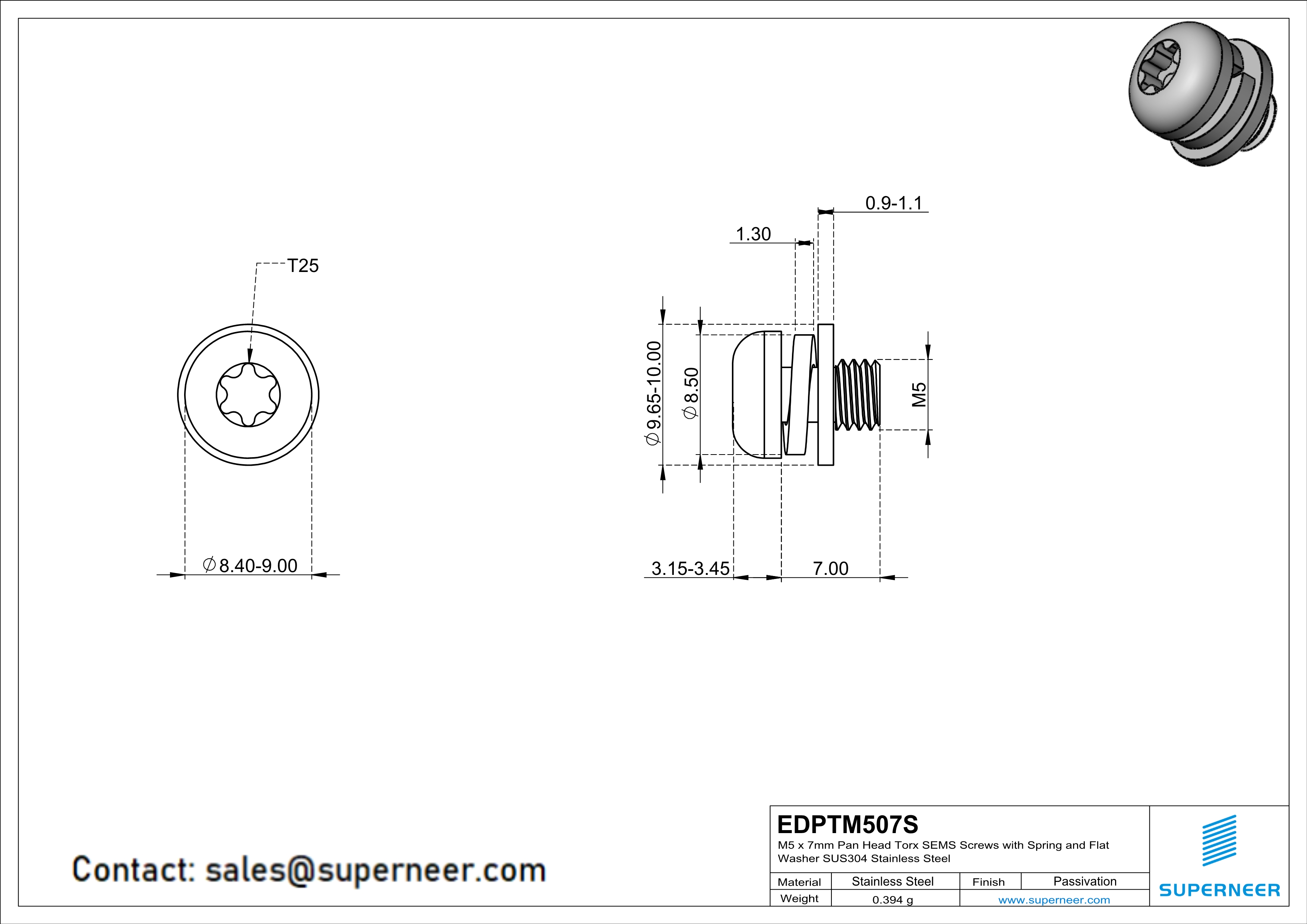 M5 x 7mm Pan Head Torx SEMS Screws with Spring and Flat Washer SUS304 Stainless Steel Inox