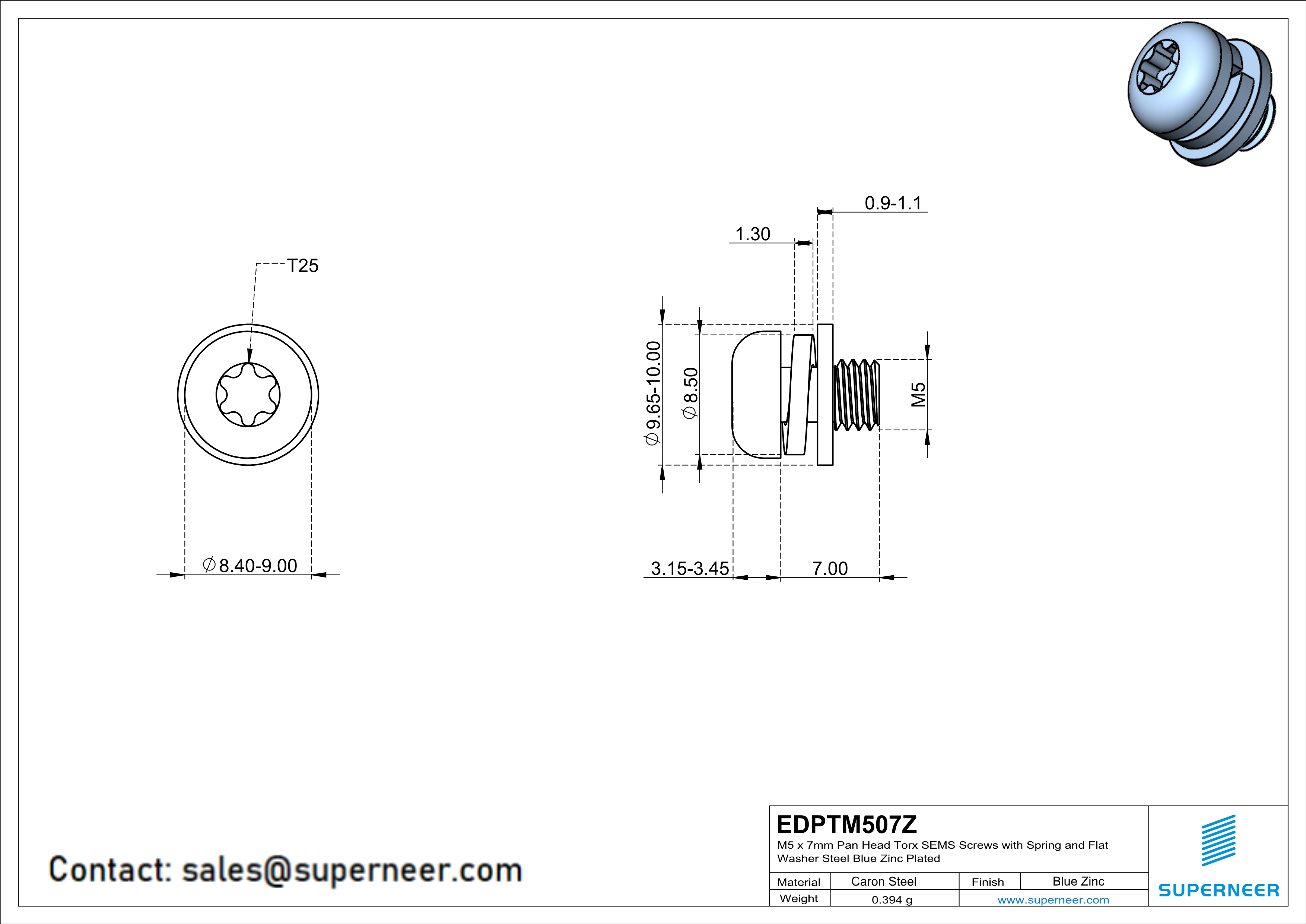 M5 x 7mm Pan Head Torx SEMS Screws with Spring and Flat Washer Steel Blue Zinc Plated