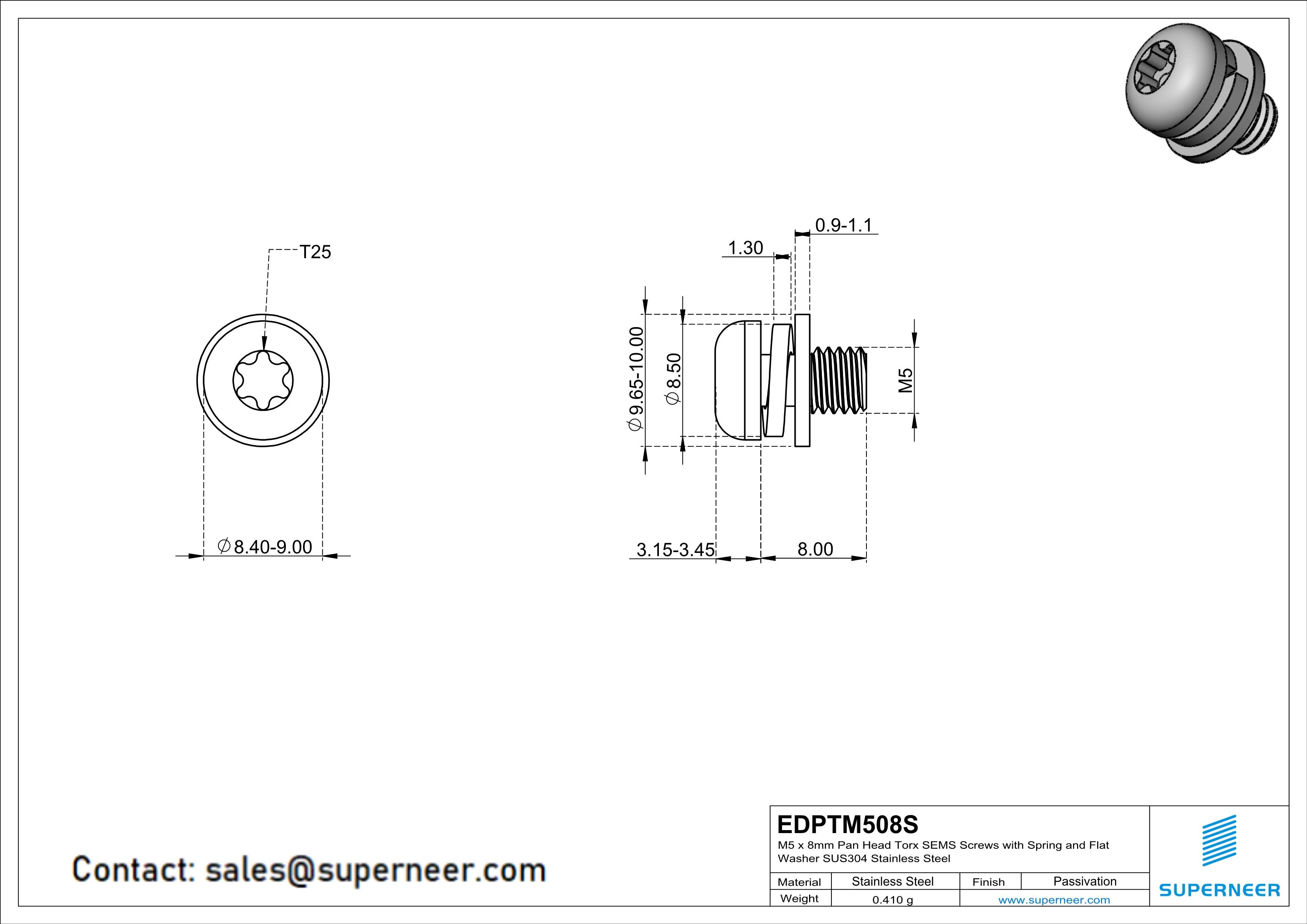 M5 x 8mm Pan Head Torx SEMS Screws with Spring and Flat Washer SUS304 Stainless Steel Inox