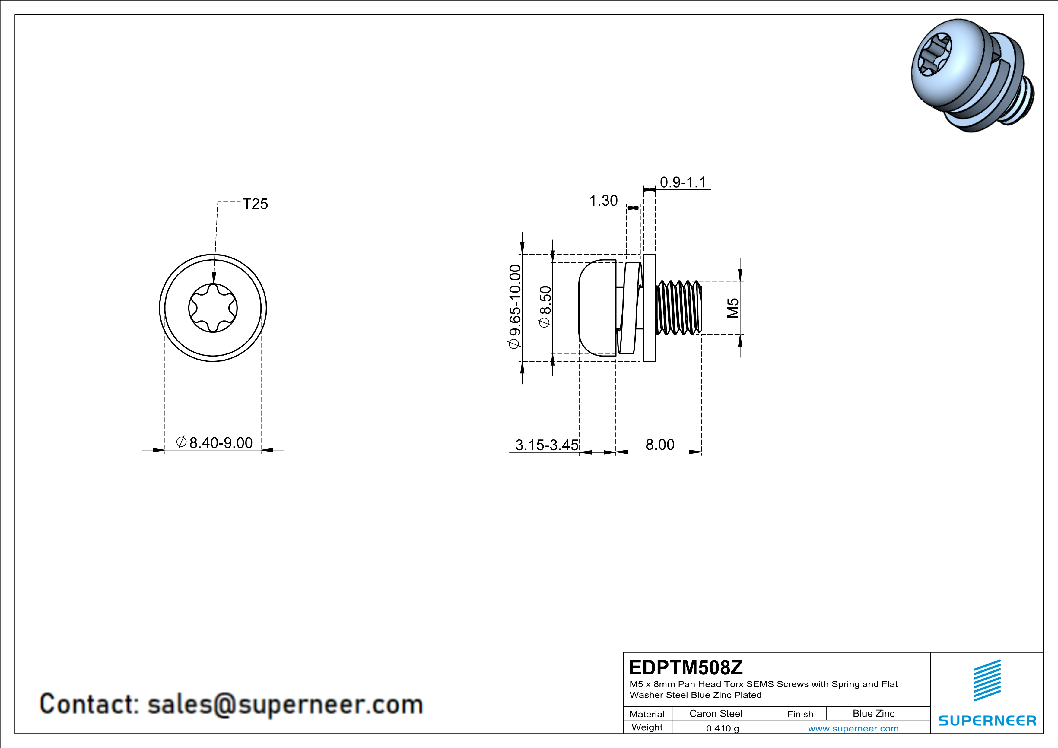 M5 x 8mm Pan Head Torx SEMS Screws with Spring and Flat Washer Steel Blue Zinc Plated