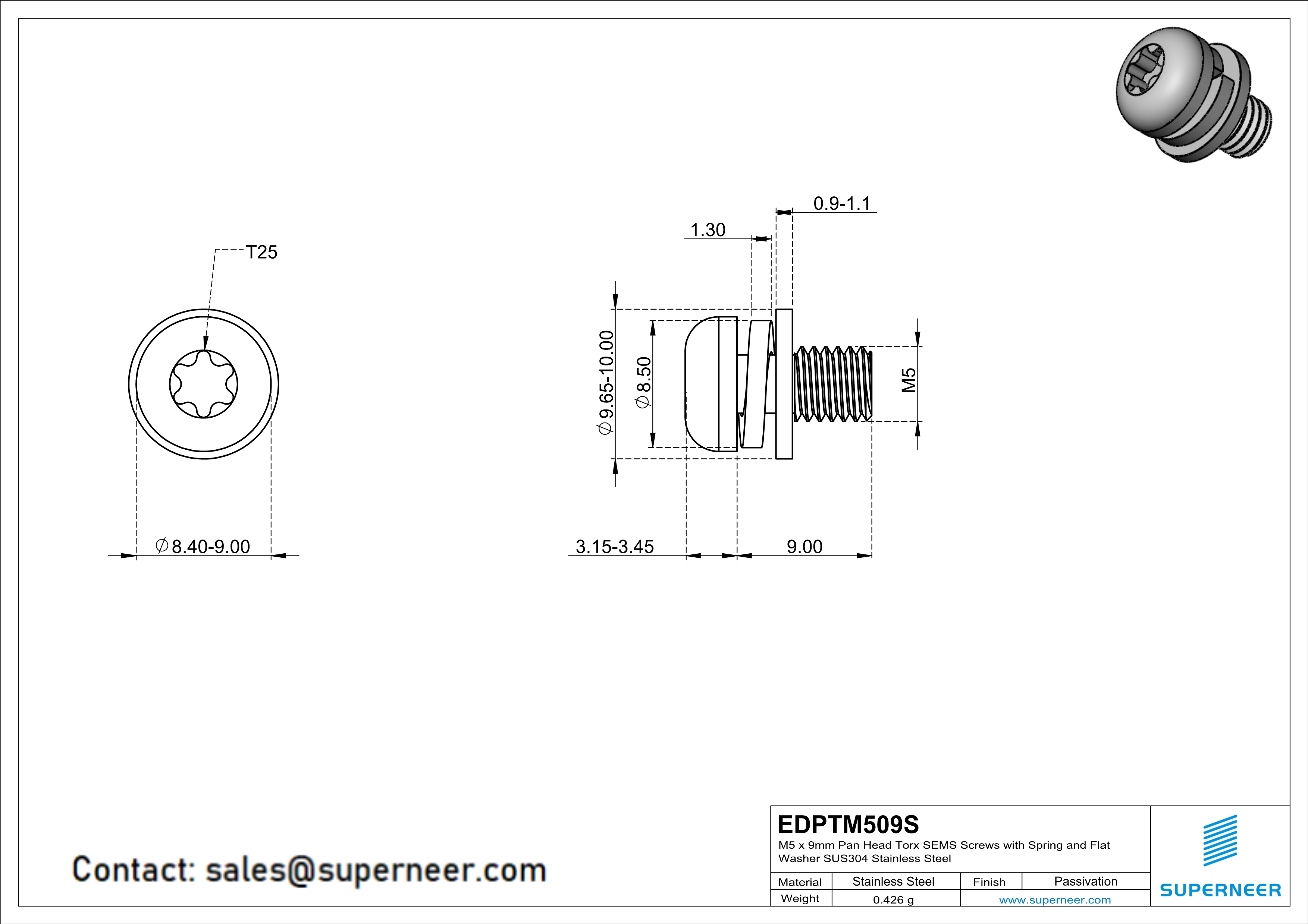 M5 x 9mm Pan Head Torx SEMS Screws with Spring and Flat Washer SUS304 Stainless Steel Inox