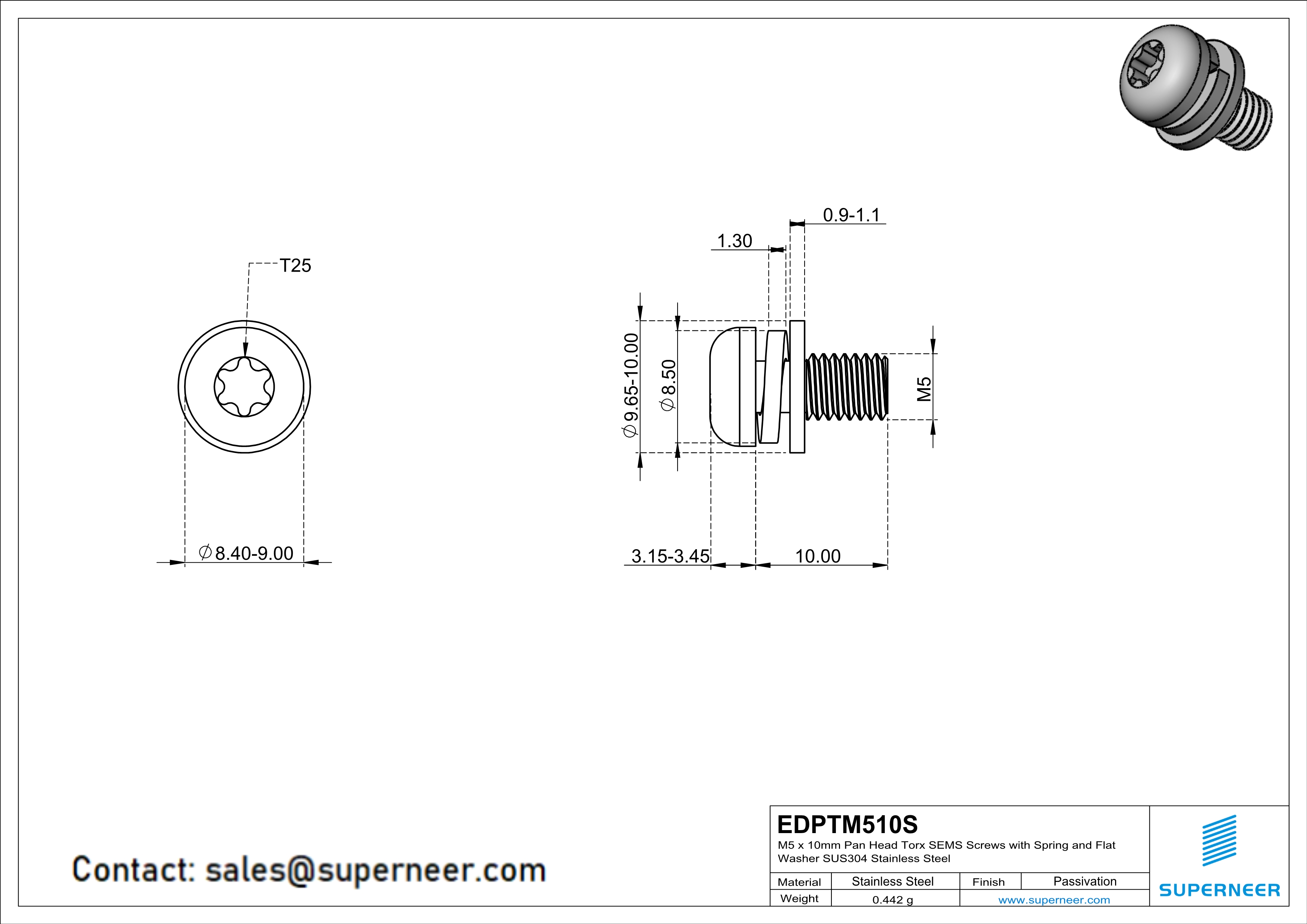 M5 x 10mm Pan Head Torx SEMS Screws with Spring and Flat Washer SUS304 Stainless Steel Inox