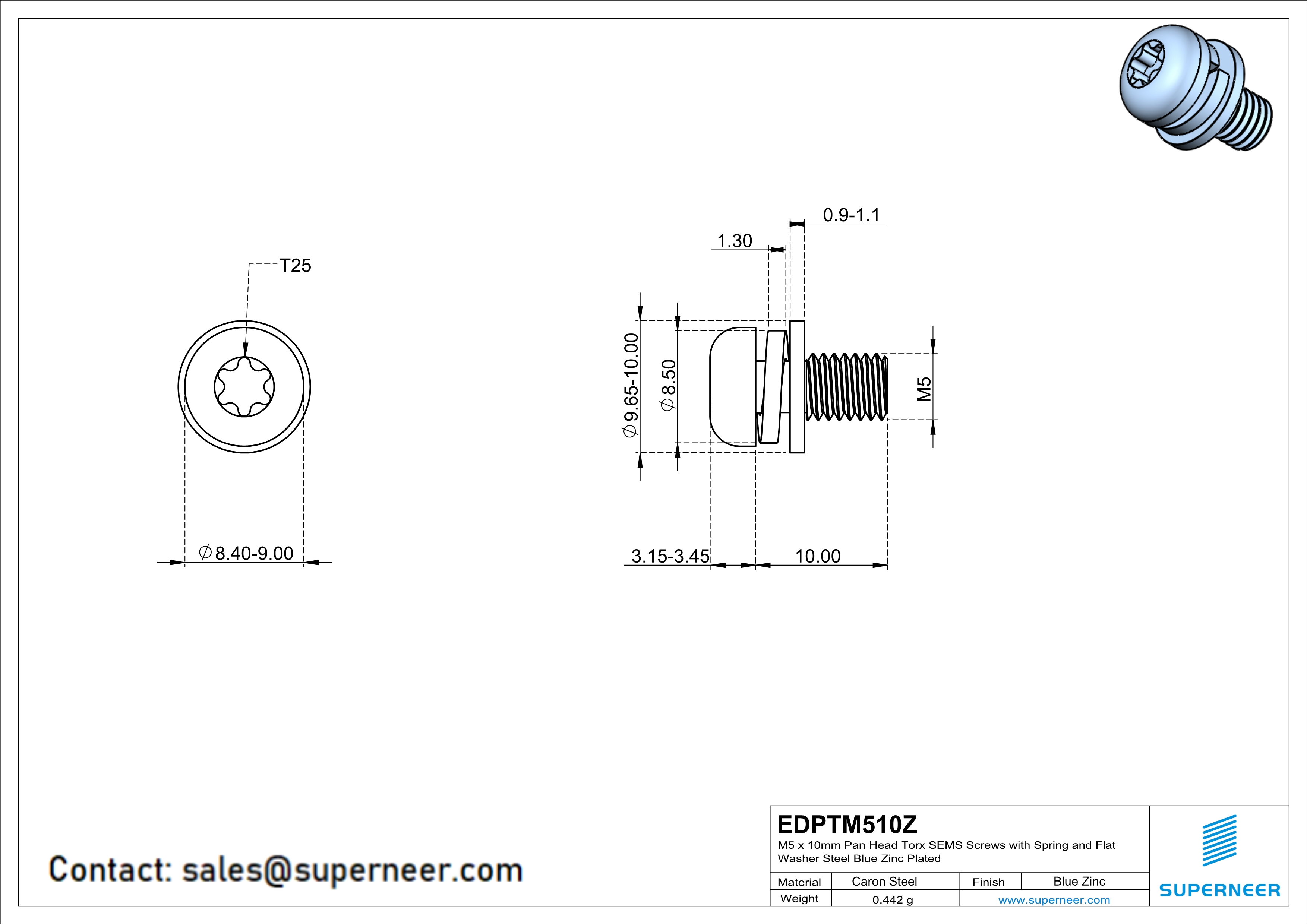 M5 x 10mm Pan Head Torx SEMS Screws with Spring and Flat Washer Steel Blue Zinc Plated