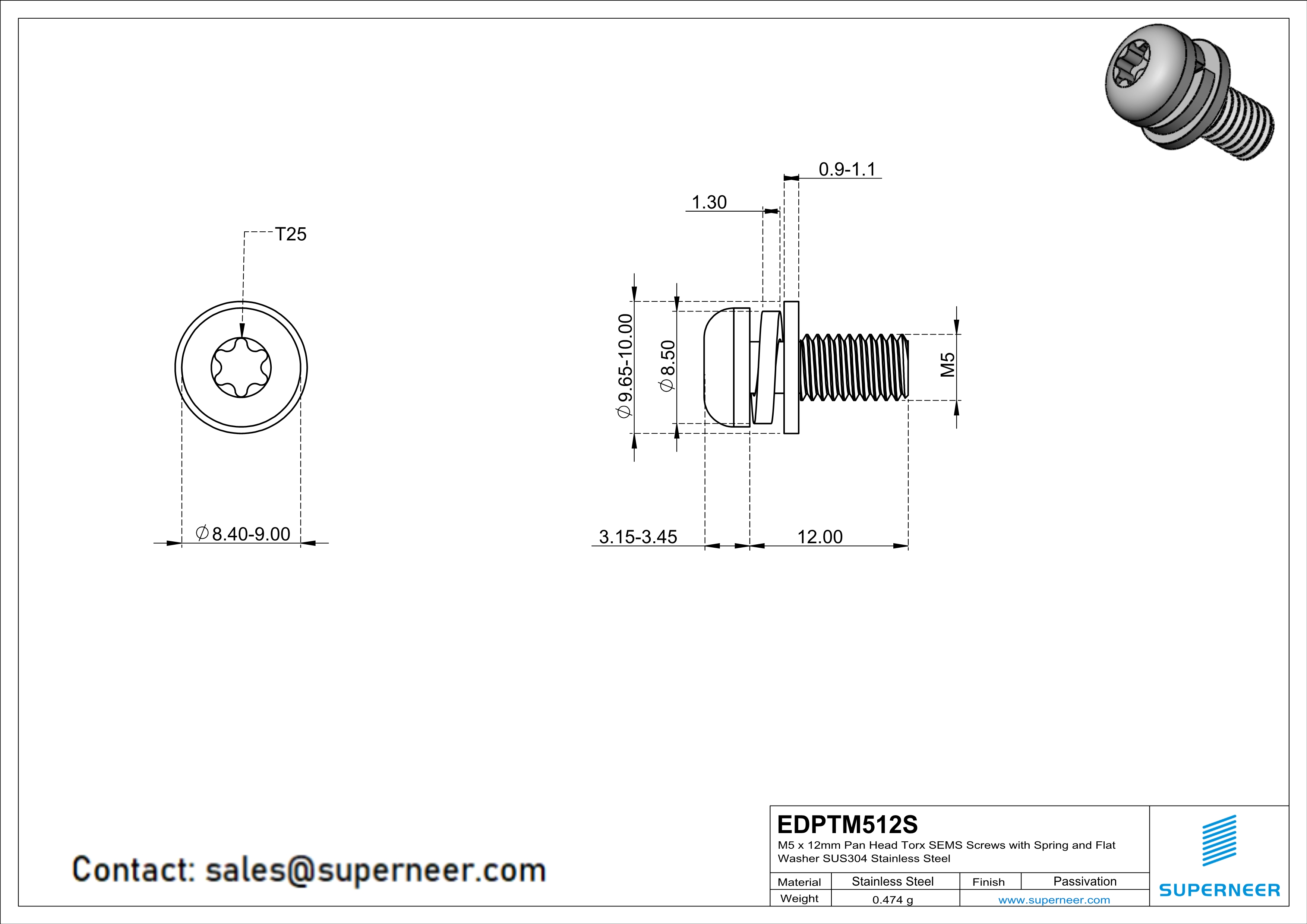 M5 x 12mm Pan Head Torx SEMS Screws with Spring and Flat Washer SUS304 Stainless Steel Inox