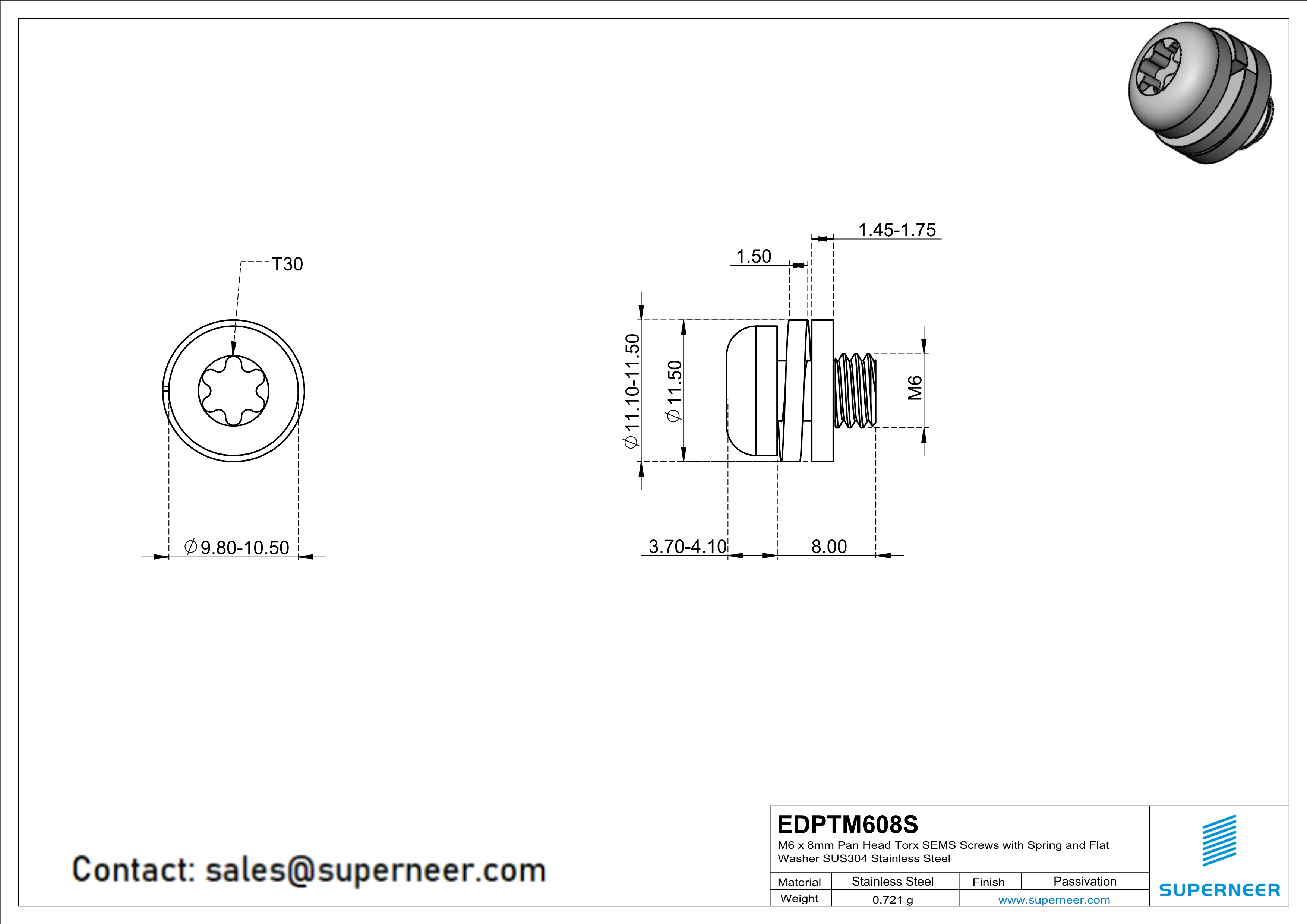 M6 x 8mm Pan Head Torx SEMS Screws with Spring and Flat Washer SUS304 Stainless Steel Inox