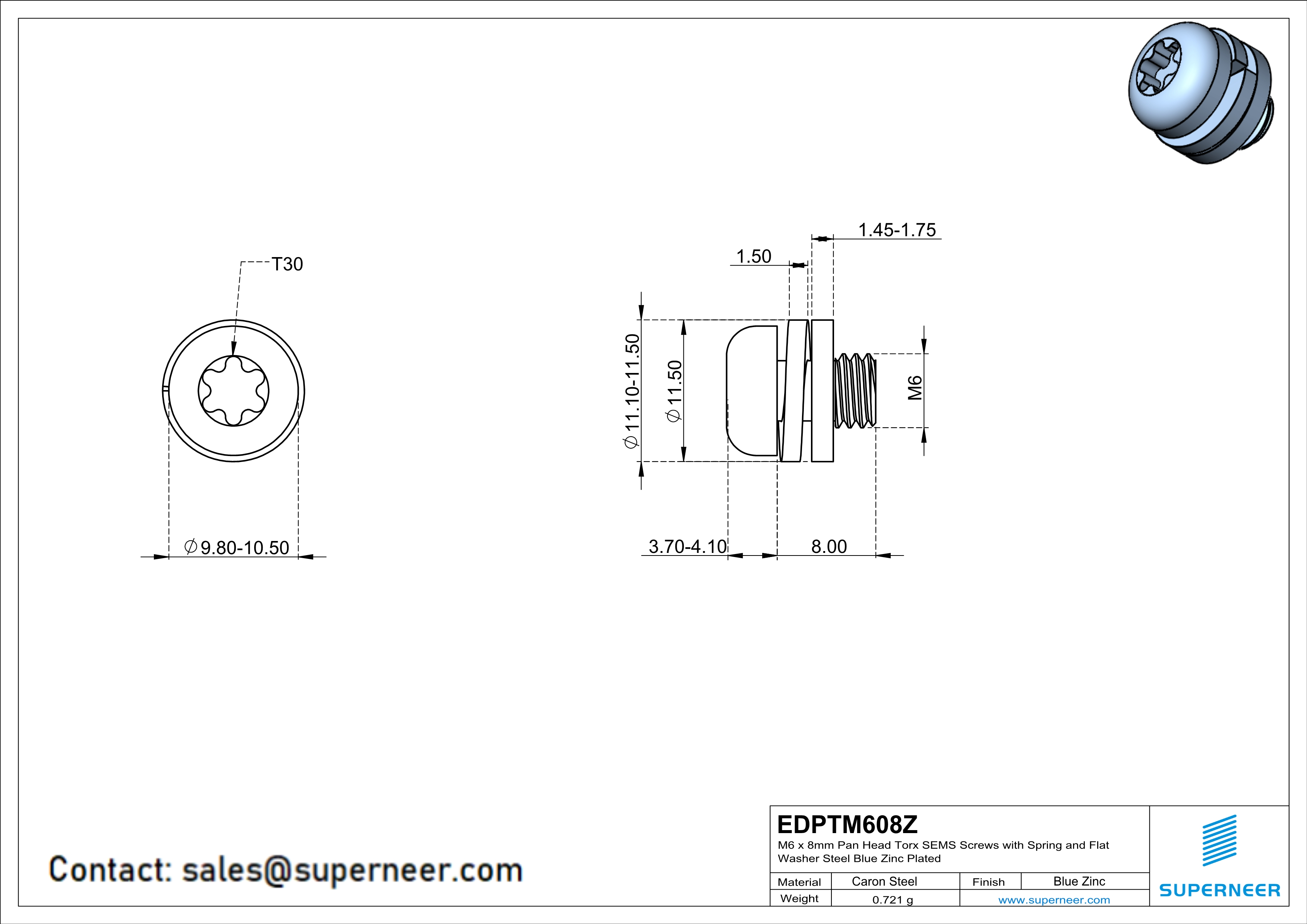 M6 x 8mm Pan Head Torx SEMS Screws with Spring and Flat Washer Steel Blue Zinc Plated