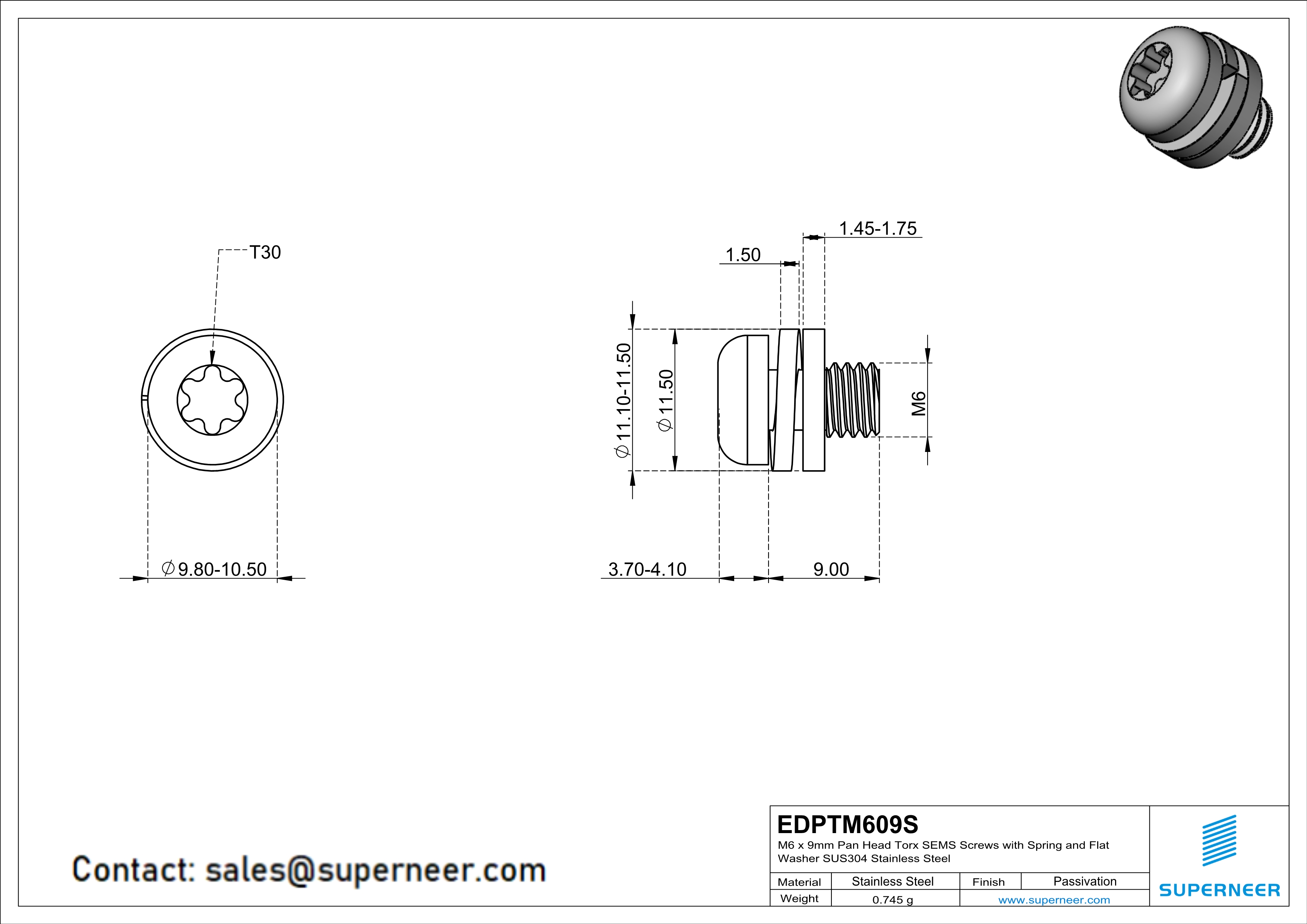 M6 x 9mm Pan Head Torx SEMS Screws with Spring and Flat Washer SUS304 Stainless Steel Inox