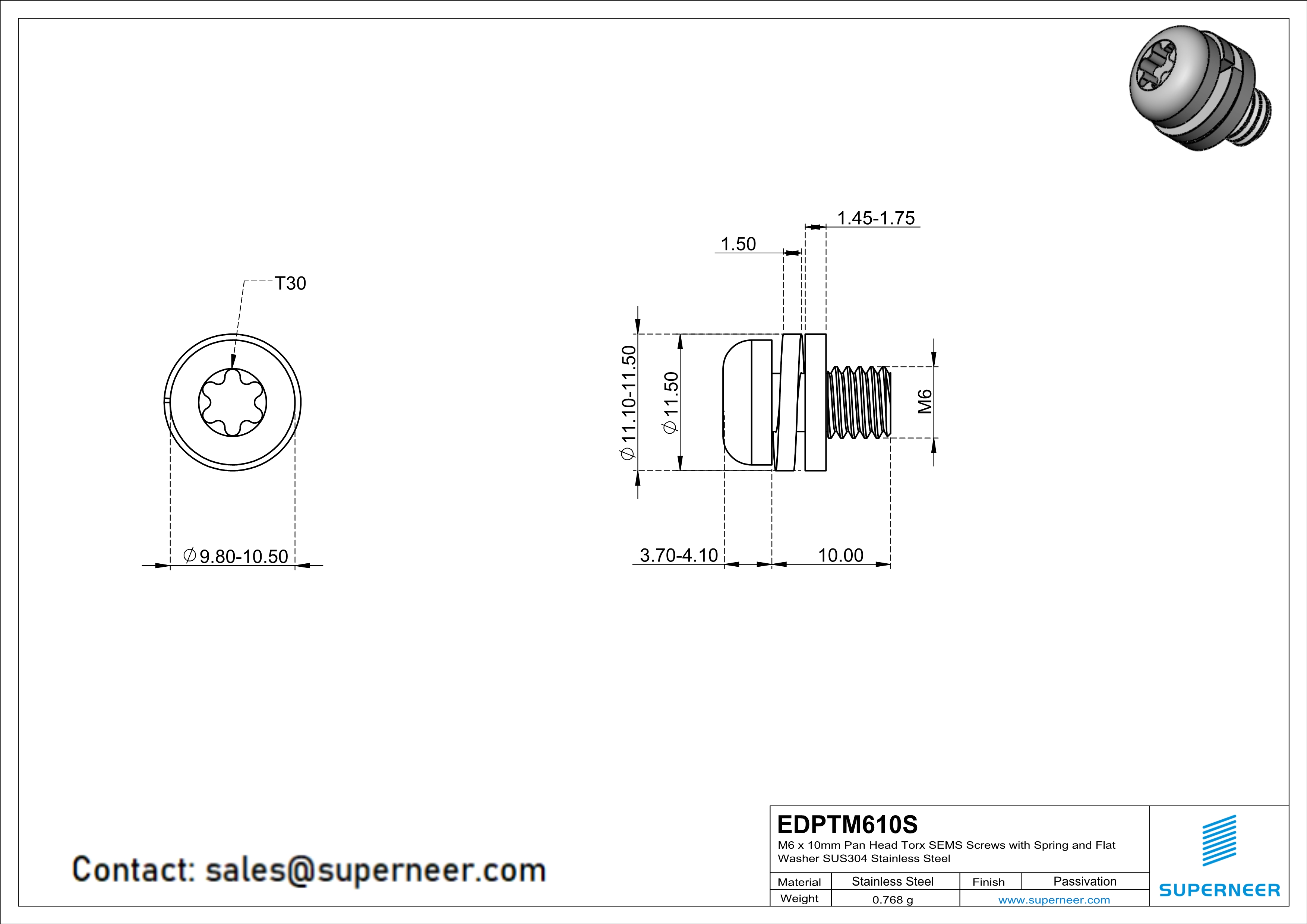 M6 x 10mm Pan Head Torx SEMS Screws with Spring and Flat Washer SUS304 Stainless Steel Inox