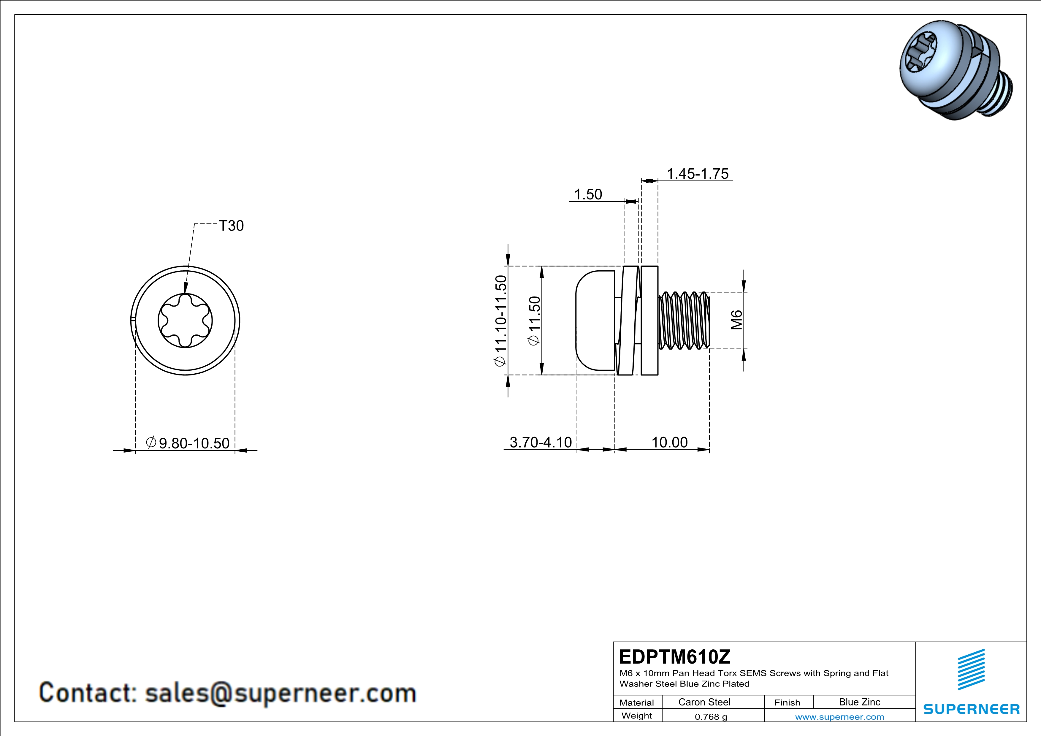 M6 x 10mm Pan Head Torx SEMS Screws with Spring and Flat Washer Steel Blue Zinc Plated