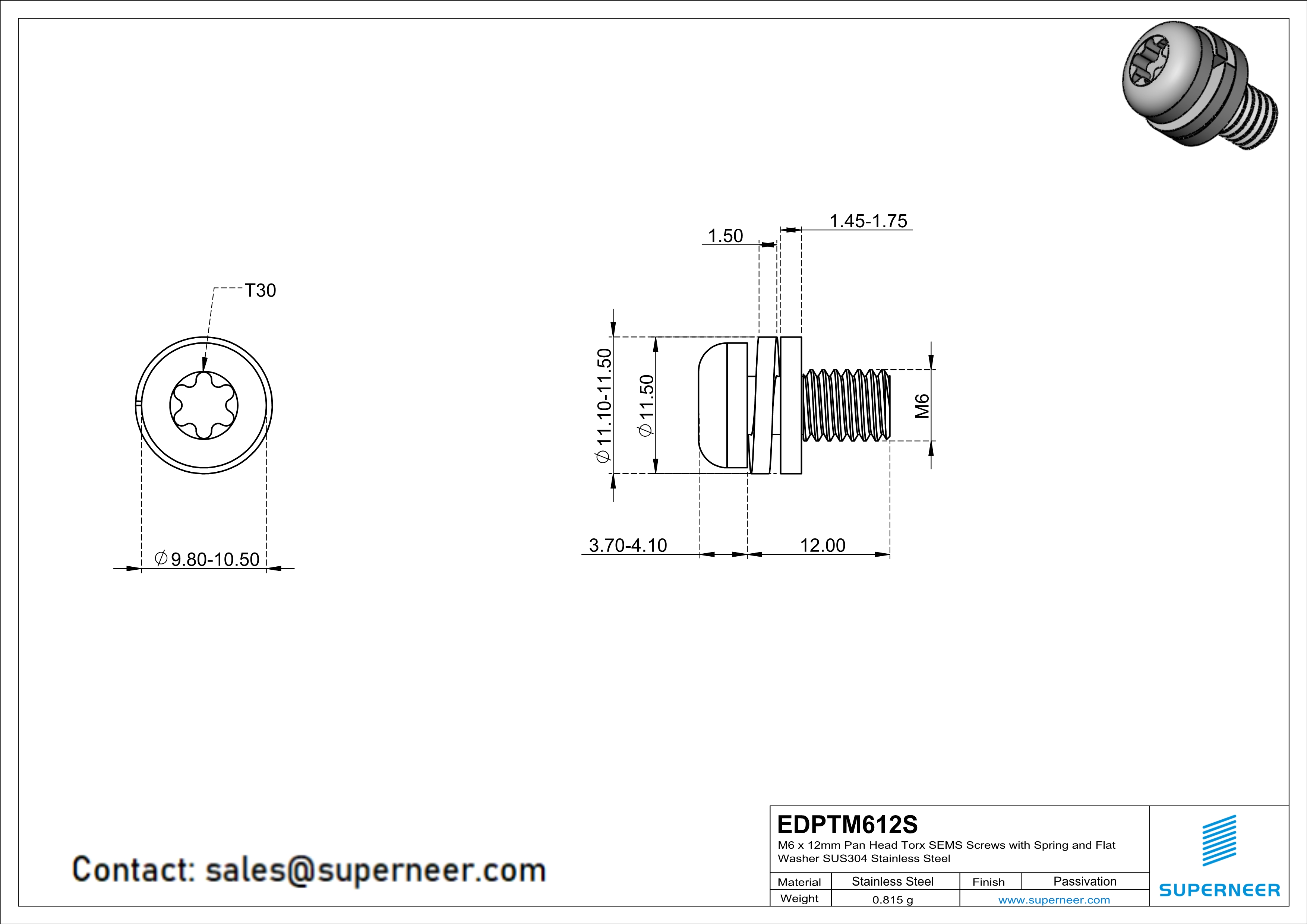 M6 x 12mm Pan Head Torx SEMS Screws with Spring and Flat Washer SUS304 Stainless Steel Inox