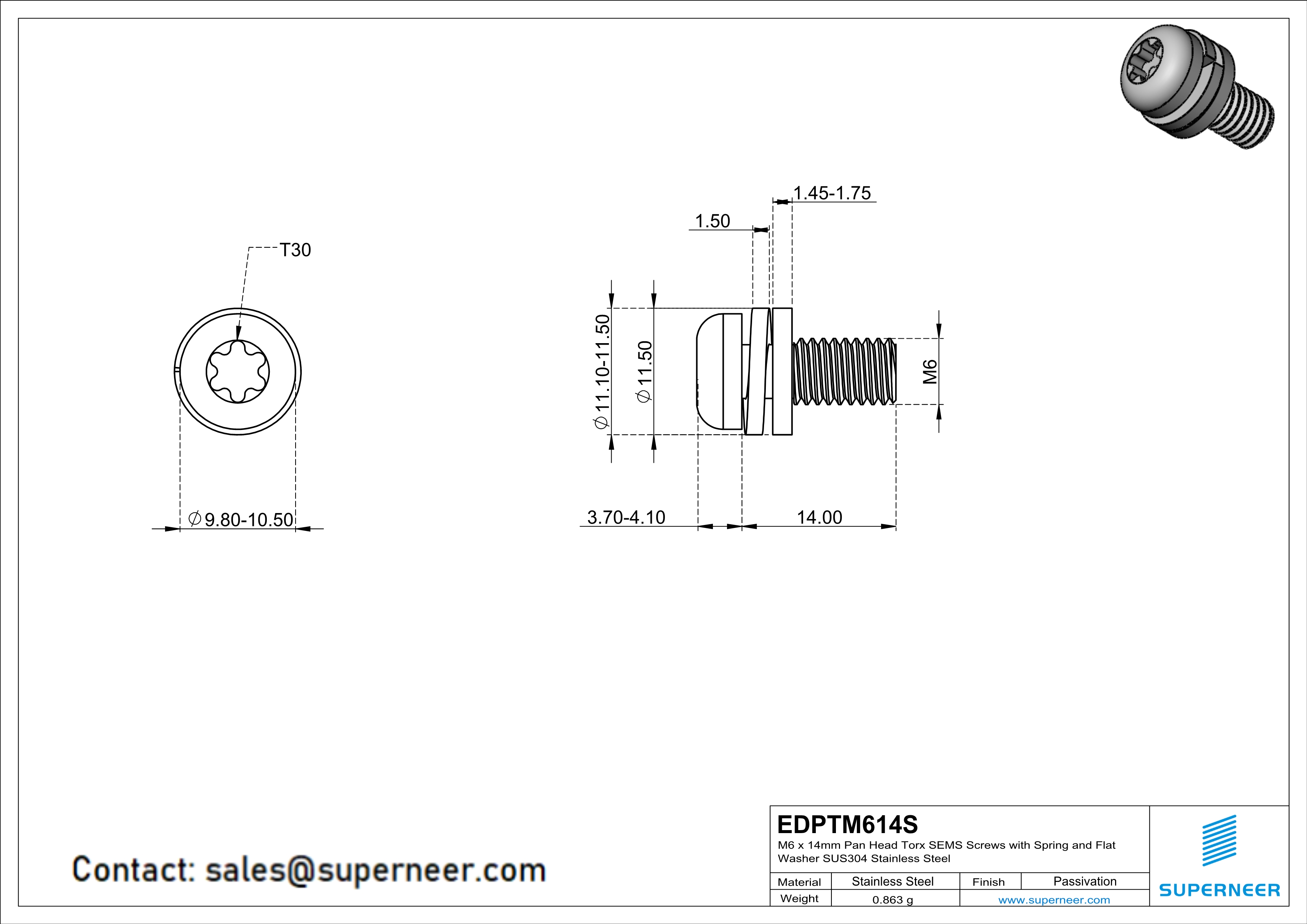 M6 x 14mm Pan Head Torx SEMS Screws with Spring and Flat Washer SUS304 Stainless Steel Inox