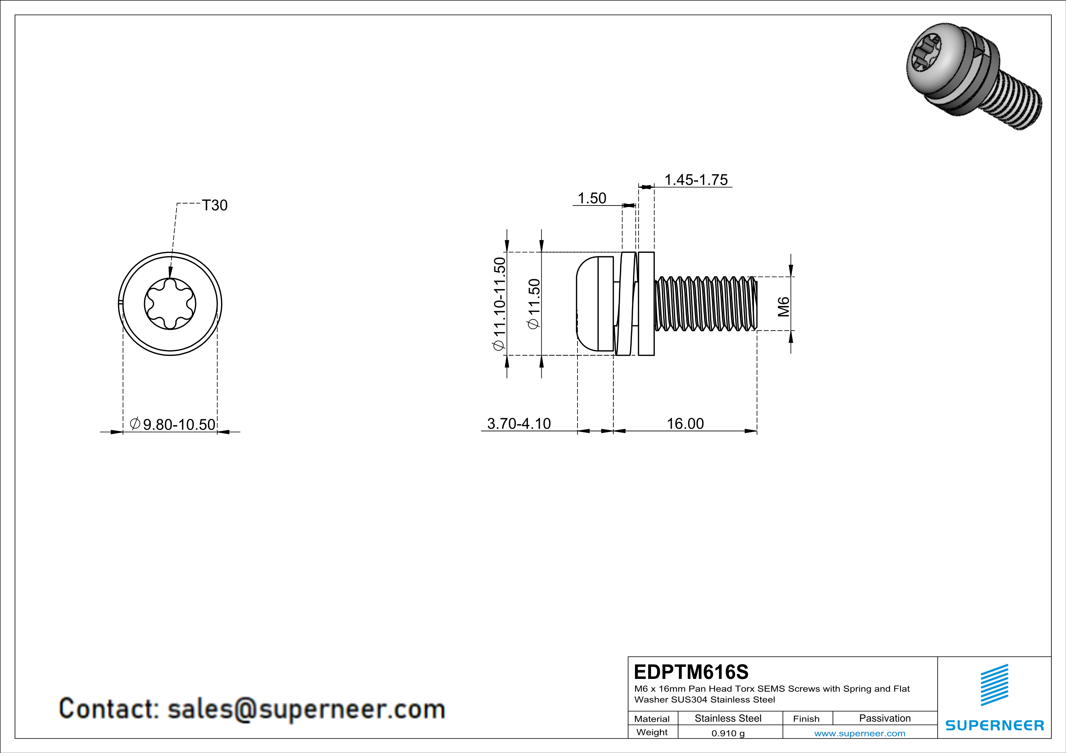 M6 x 16mm Pan Head Torx SEMS Screws with Spring and Flat Washer SUS304 Stainless Steel Inox