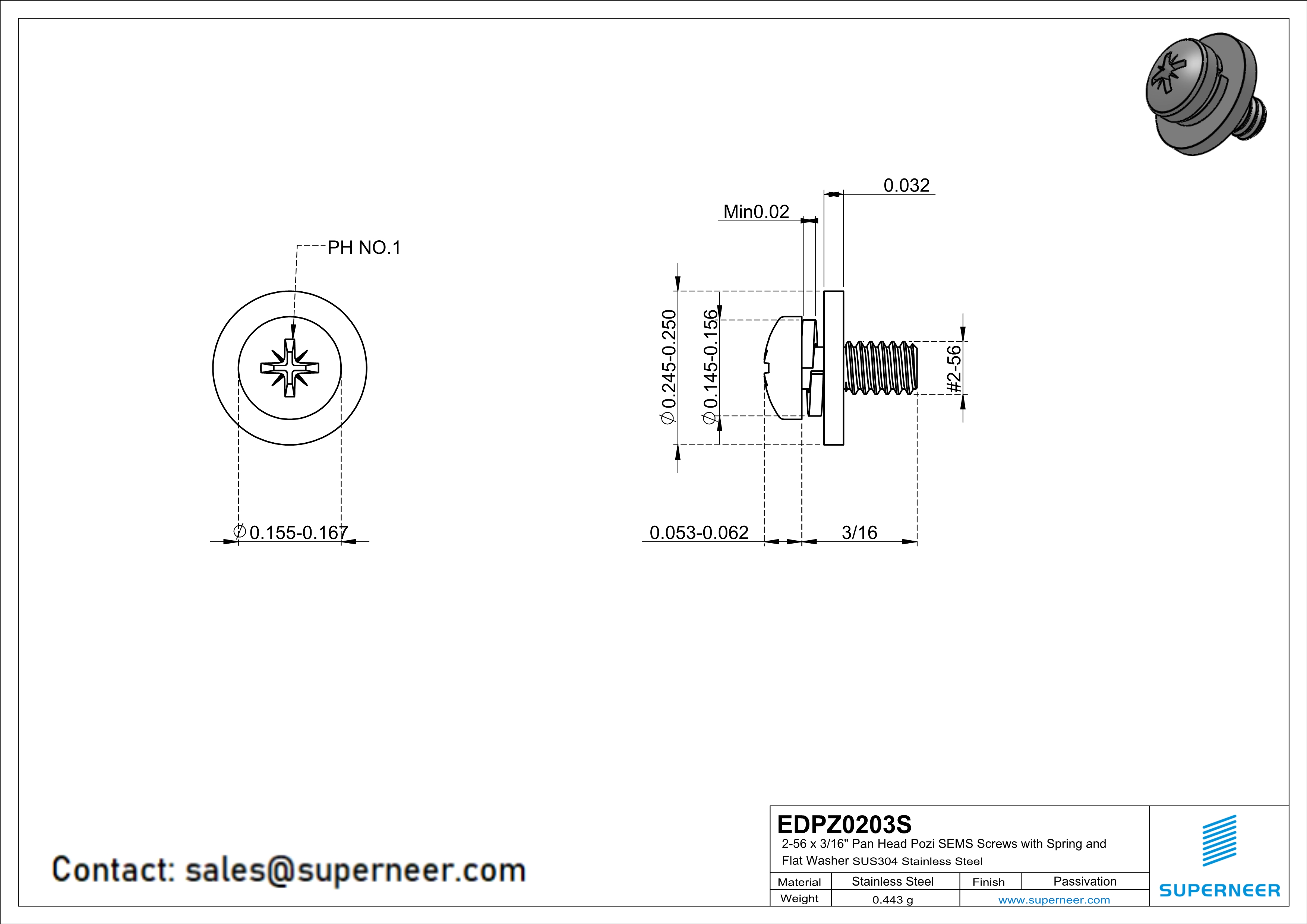 2-56 x 3/16" Pan Head Pozi SEMS Screws with Spring and Flat Washer SUS304 Stainless Steel Inox