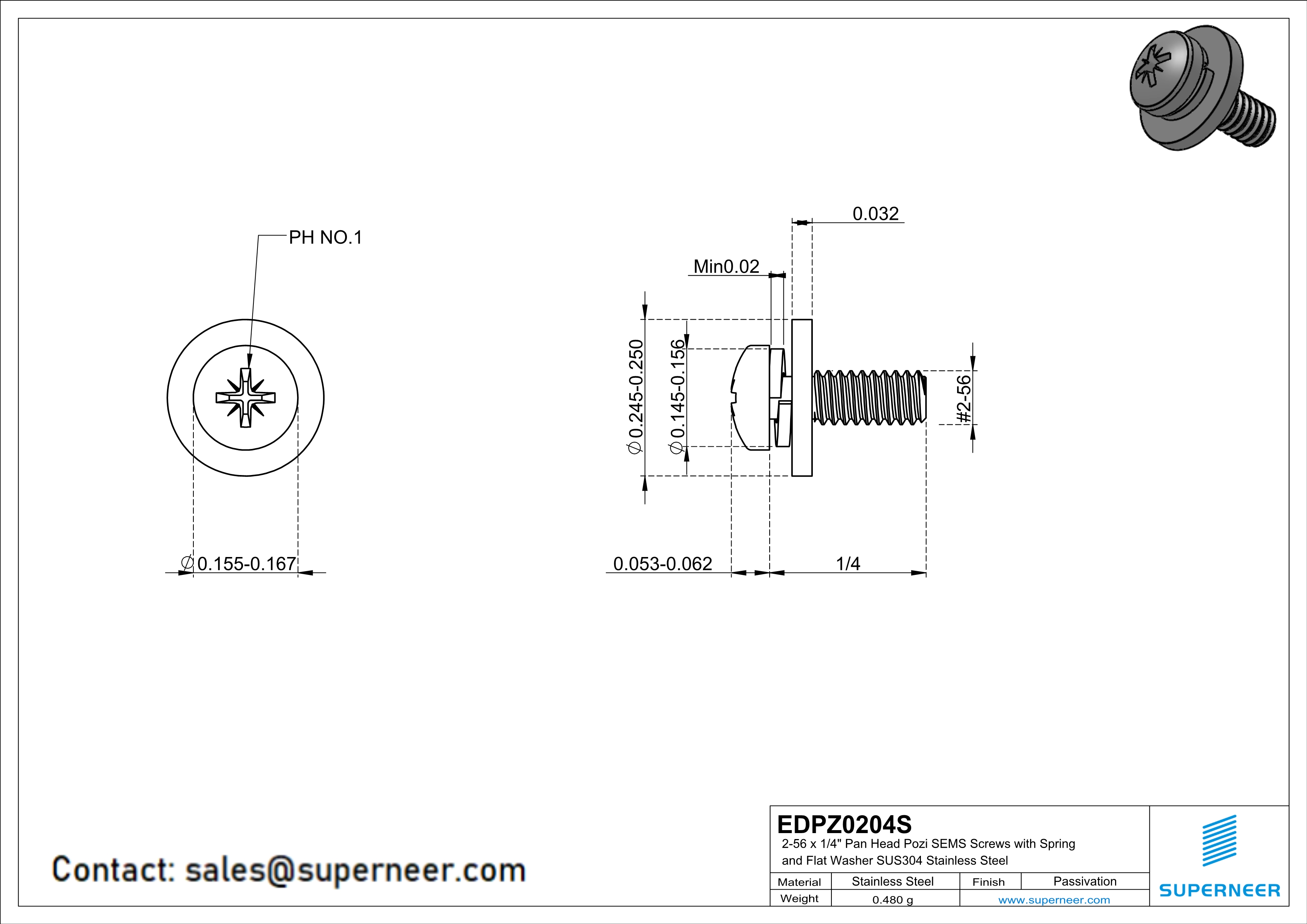 2-56 x 1/4" Pan Head Pozi SEMS Screws with Spring and Flat Washer SUS304 Stainless Steel Inox