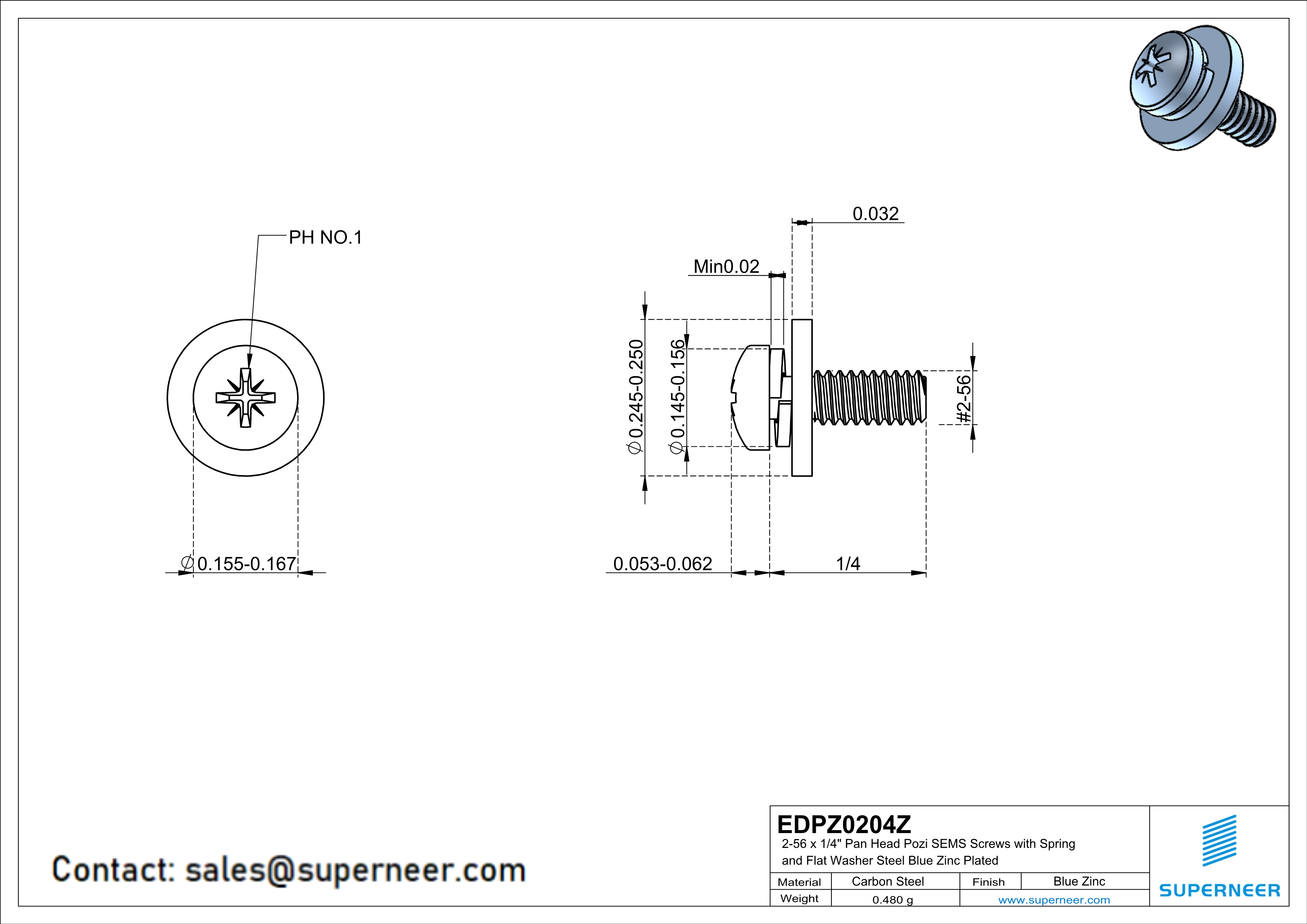 2-56 x 1/4" Pan Head Pozi SEMS Screws with Spring and Flat Washer Steel Blue Zinc Plated