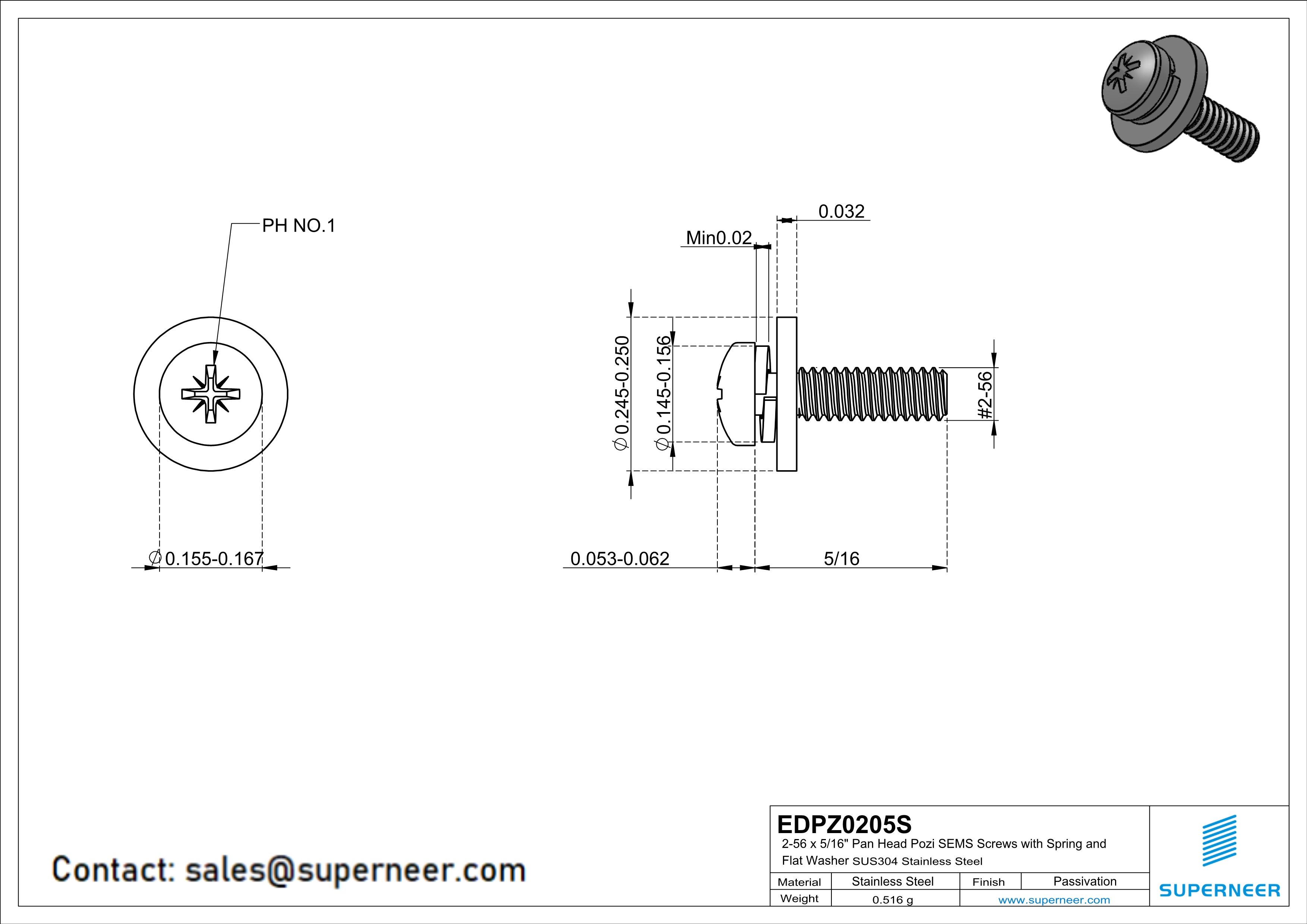 2-56 x 5/16" Pan Head Pozi SEMS Screws with Spring and Flat Washer SUS304 Stainless Steel Inox