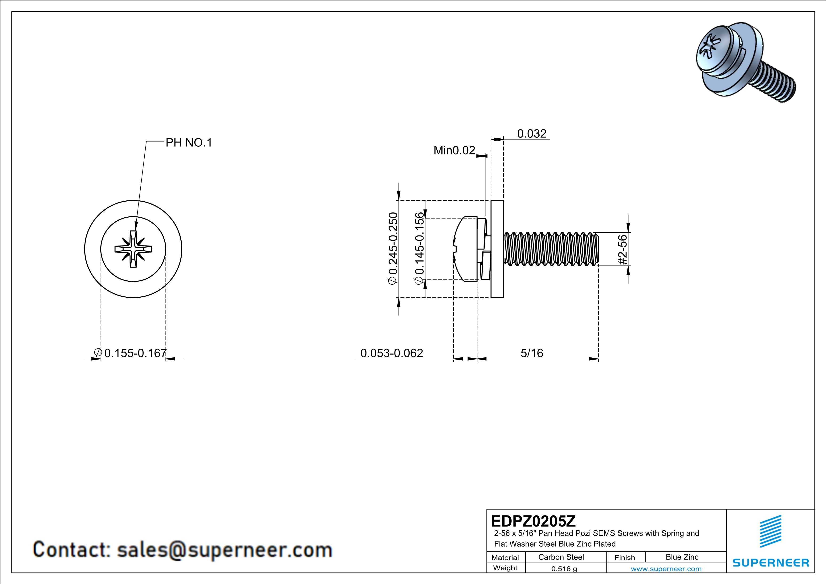 2-56 x 5/16" Pan Head Pozi SEMS Screws with Spring and Flat Washer Steel Blue Zinc Plated