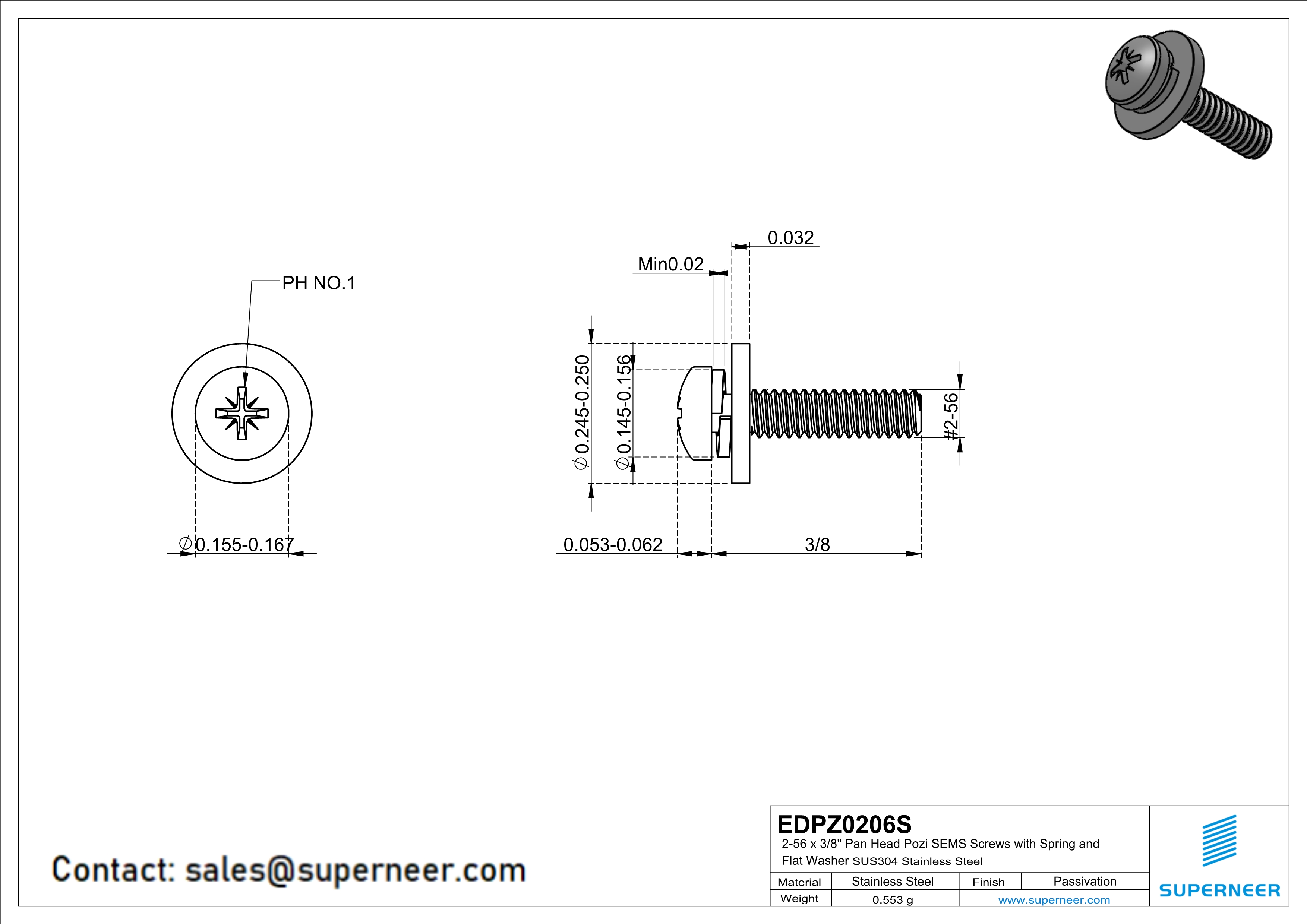 2-56 x 3/8" Pan Head Pozi SEMS Screws with Spring and Flat Washer SUS304 Stainless Steel Inox