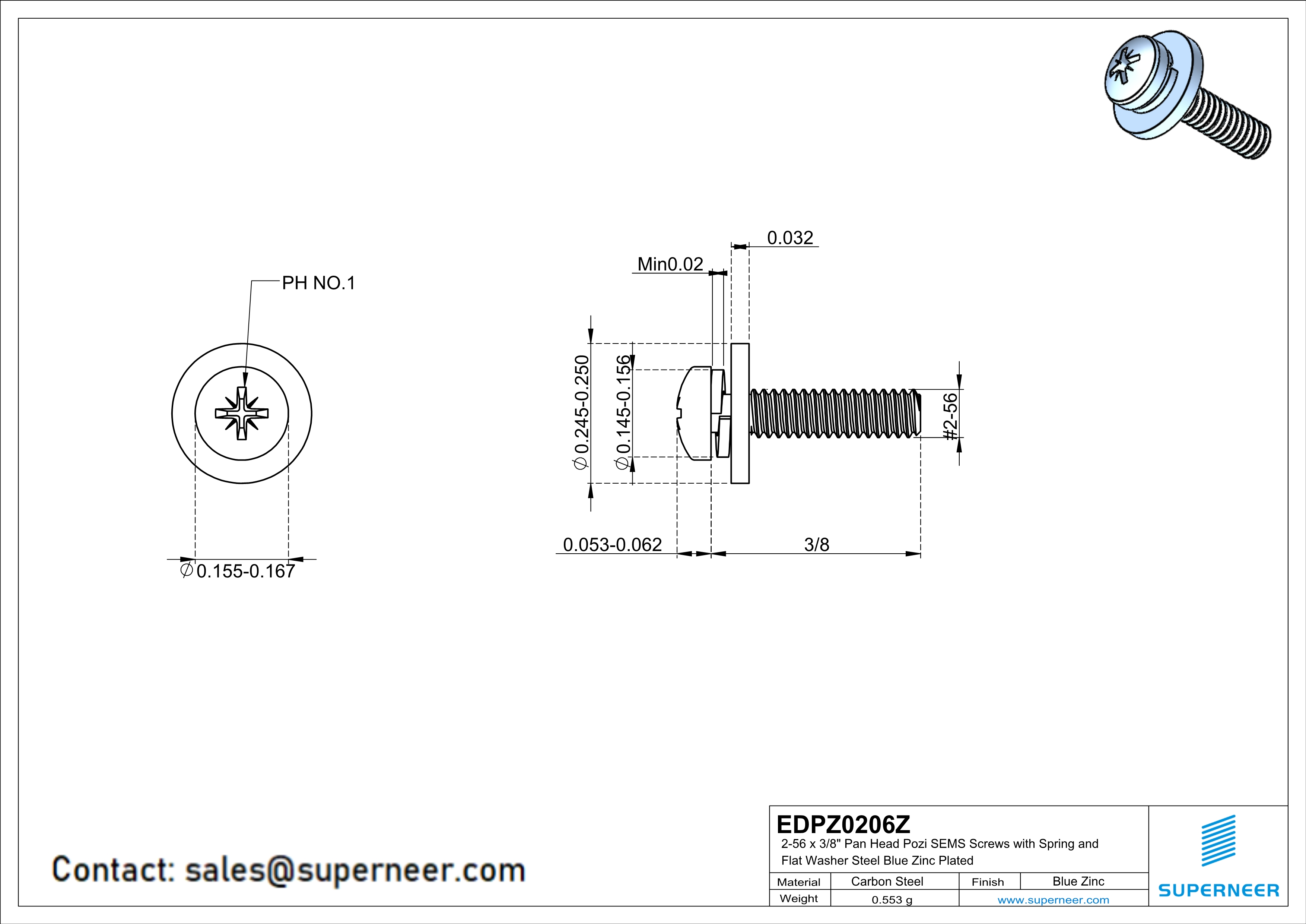 2-56 x 3/8" Pan Head Pozi SEMS Screws with Spring and Flat Washer Steel Blue Zinc Plated