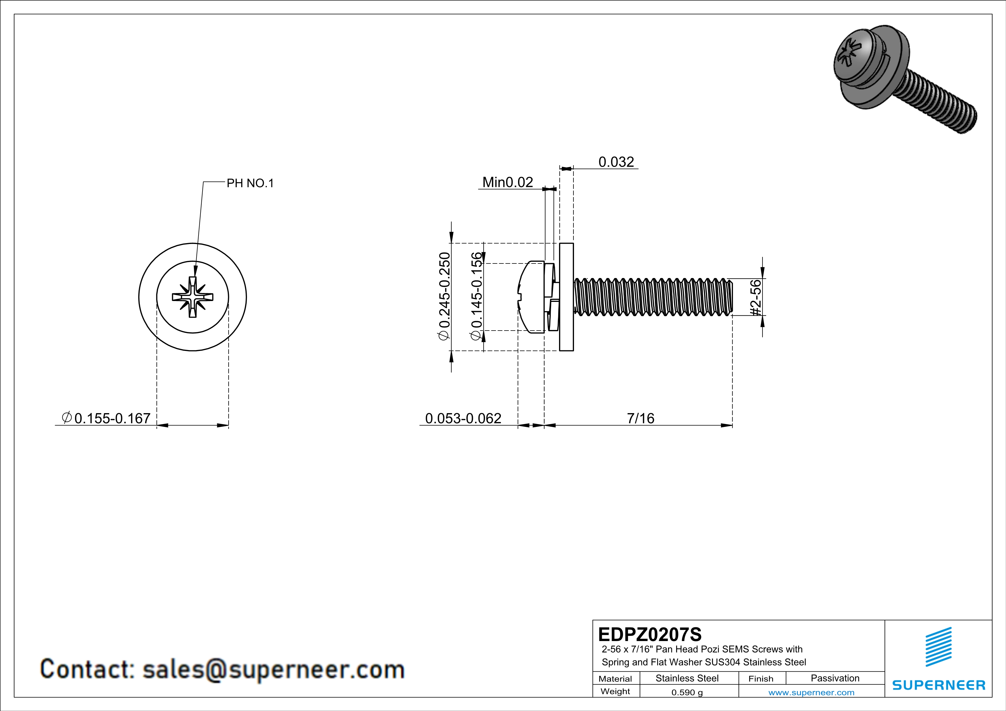 2-56 x 7/16" Pan Head Pozi SEMS Screws with Spring and Flat Washer SUS304 Stainless Steel Inox