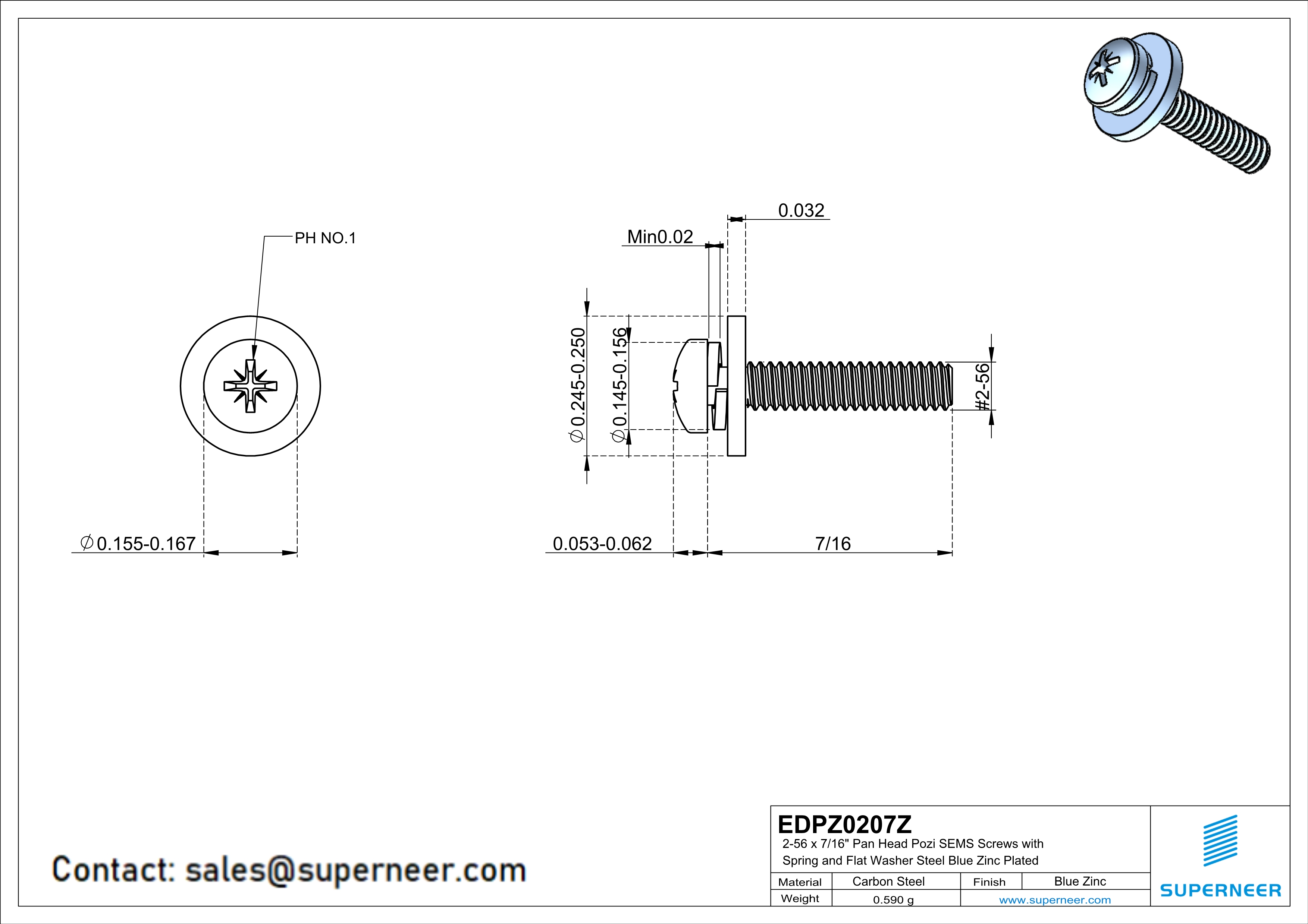 2-56 x 7/16" Pan Head Pozi SEMS Screws with Spring and Flat Washer Steel Blue Zinc Plated