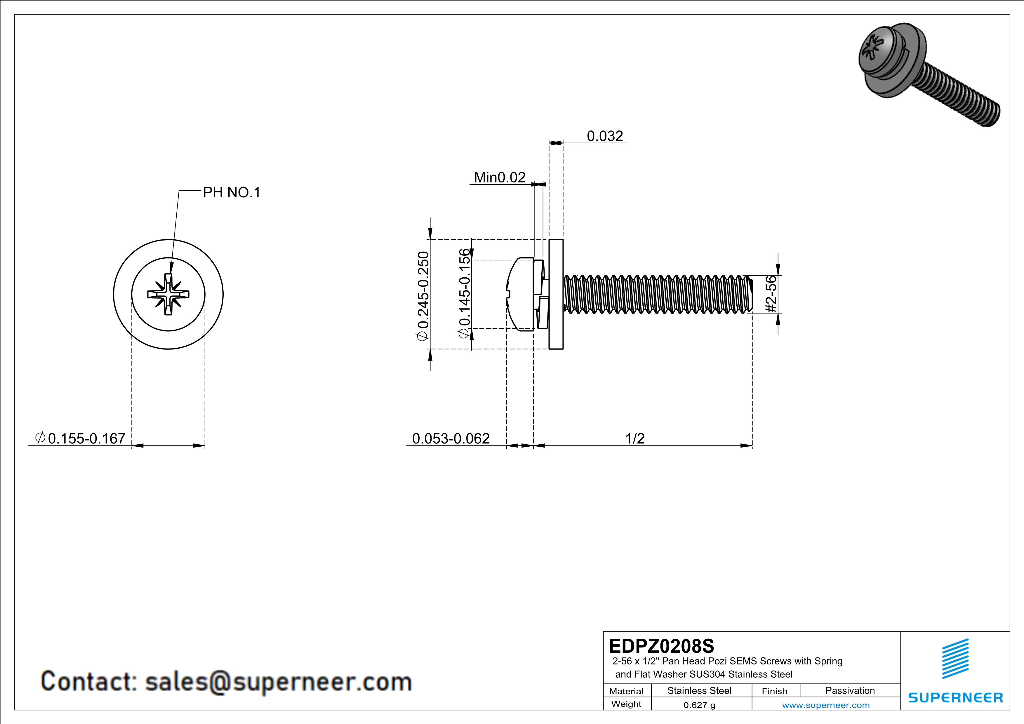 2-56 x 1/2" Pan Head Pozi SEMS Screws with Spring and Flat Washer SUS304 Stainless Steel Inox