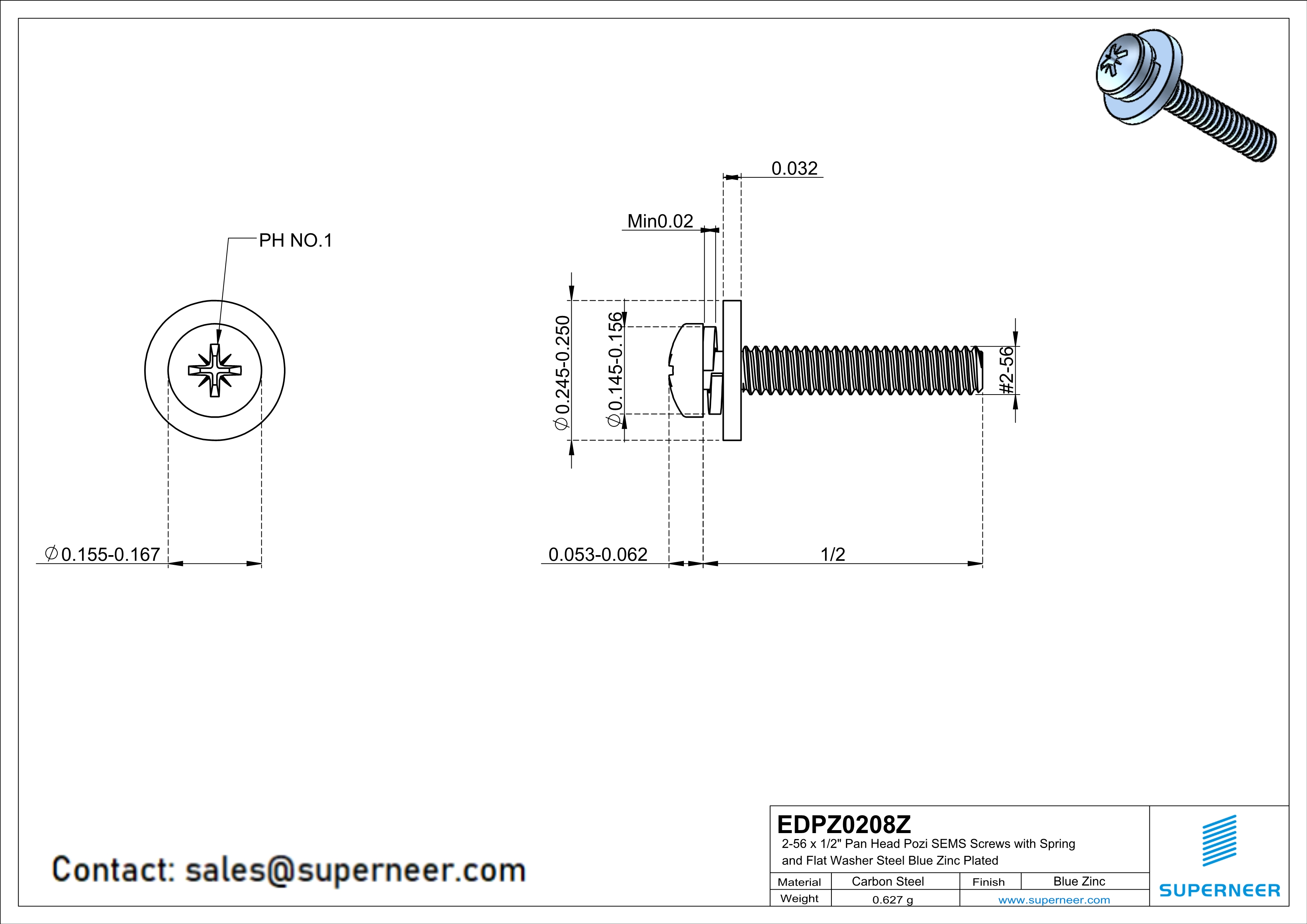 2-56 x 1/2" Pan Head Pozi SEMS Screws with Spring and Flat Washer Steel Blue Zinc Plated